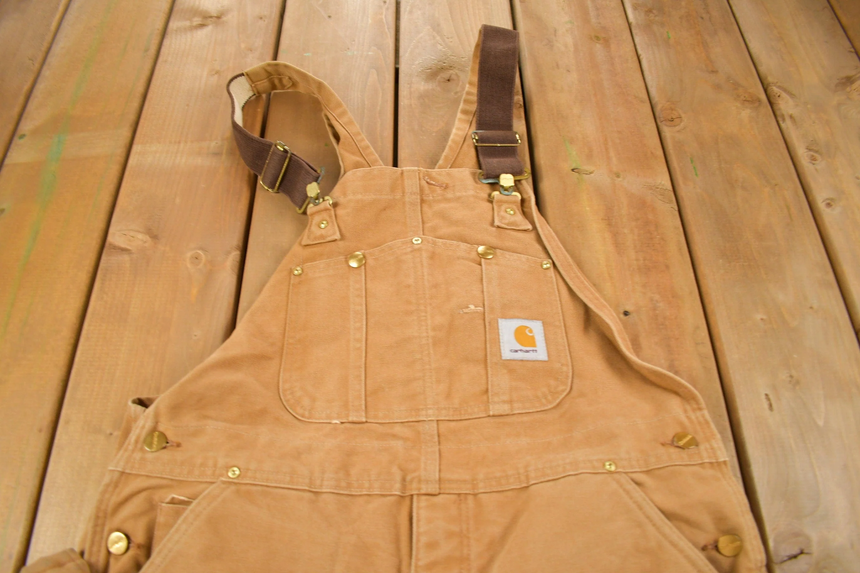 Vintage 1990s Carhartt Beige Double Knee Canvas Quilted Overalls Men's 38 x 30 - Image 4