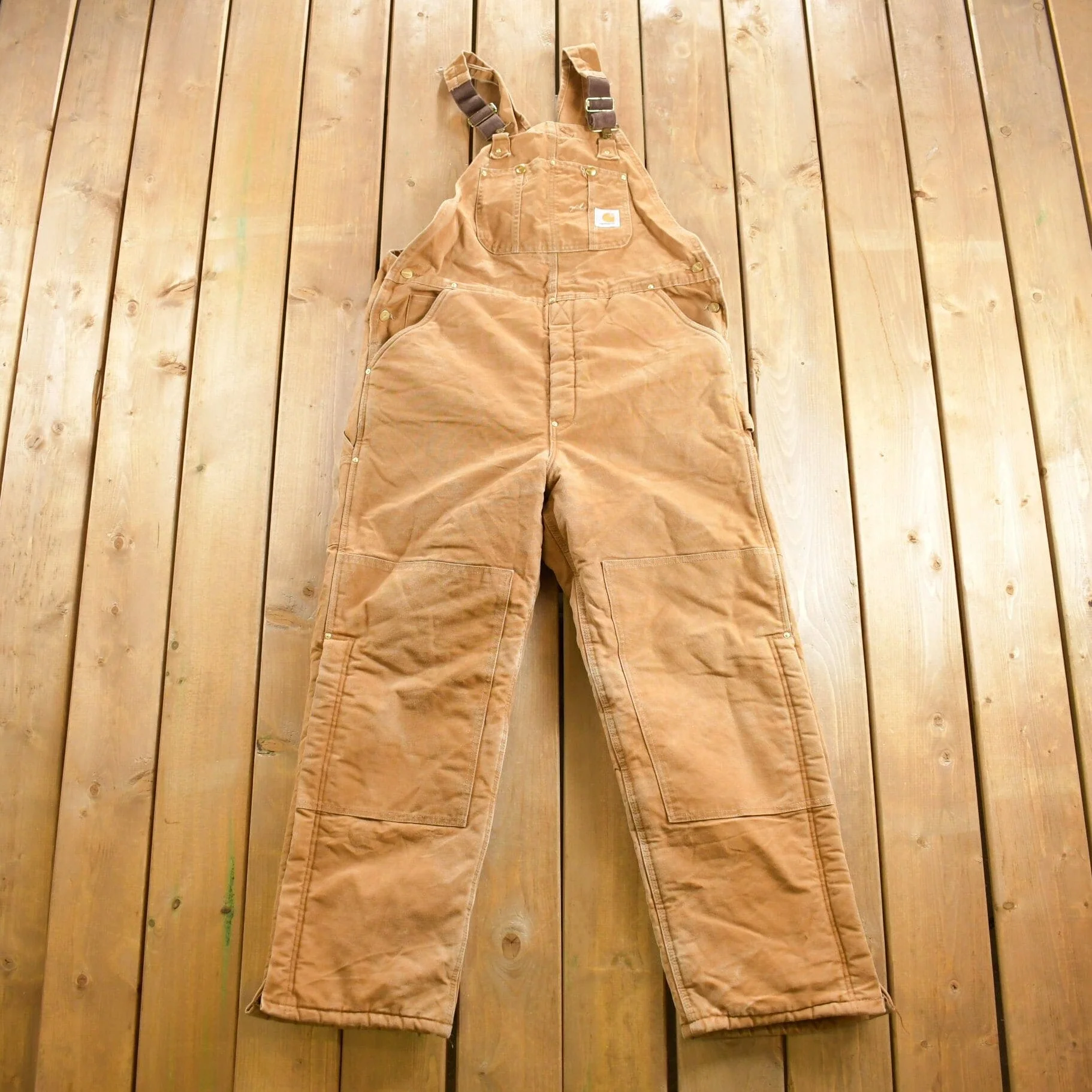 Vintage 1990s Carhartt Beige Double Knee Canvas Quilted Overalls Men's 38 x 30.5 - Image 3