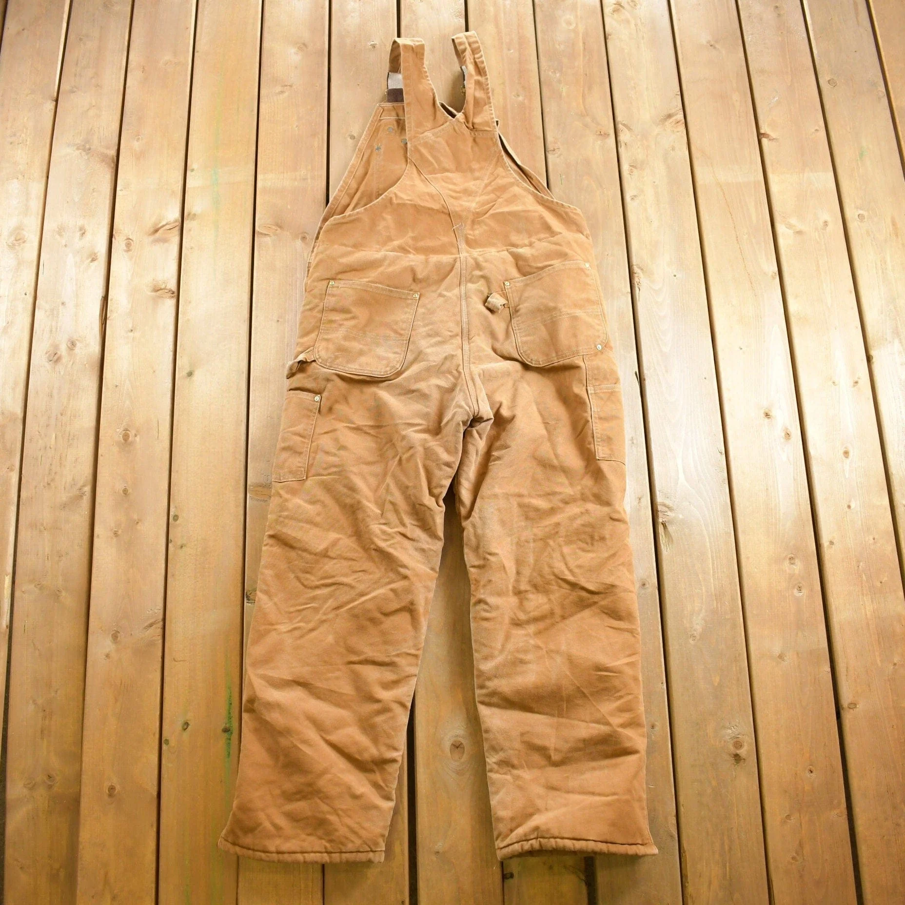 Vintage 1990s Carhartt Beige Double Knee Canvas Quilted Overalls Men's 38 x 30.5 - Image 4
