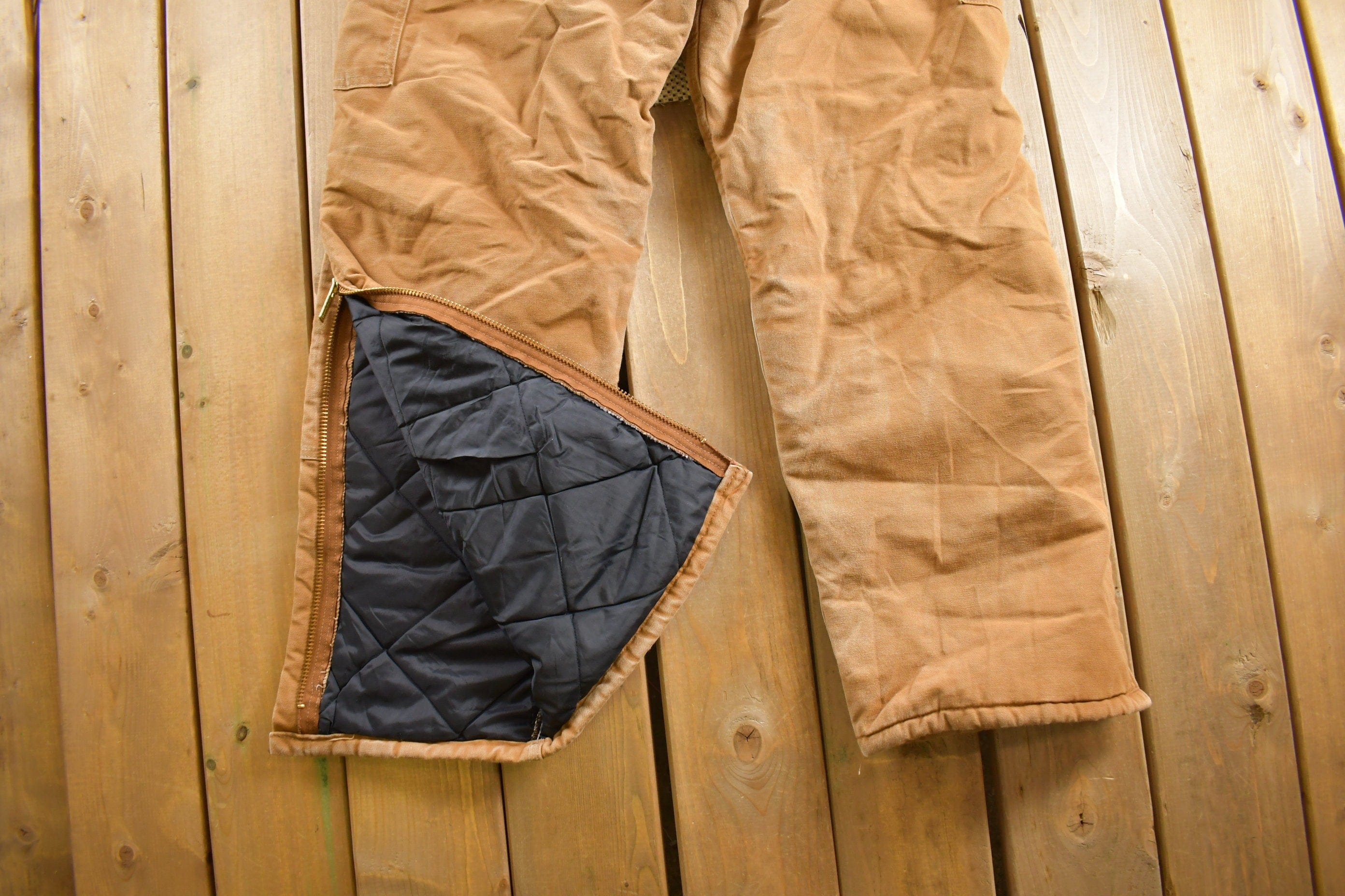 Vintage 1990s Carhartt Beige Double Knee Canvas Quilted Overalls Men's 38 x 30.5 - Image 5
