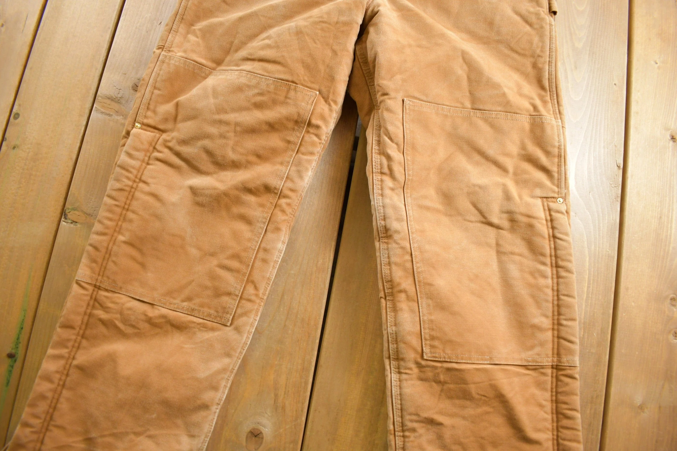 Vintage 1990s Carhartt Beige Double Knee Canvas Quilted Overalls Men's 38 x 30.5 - Image 6