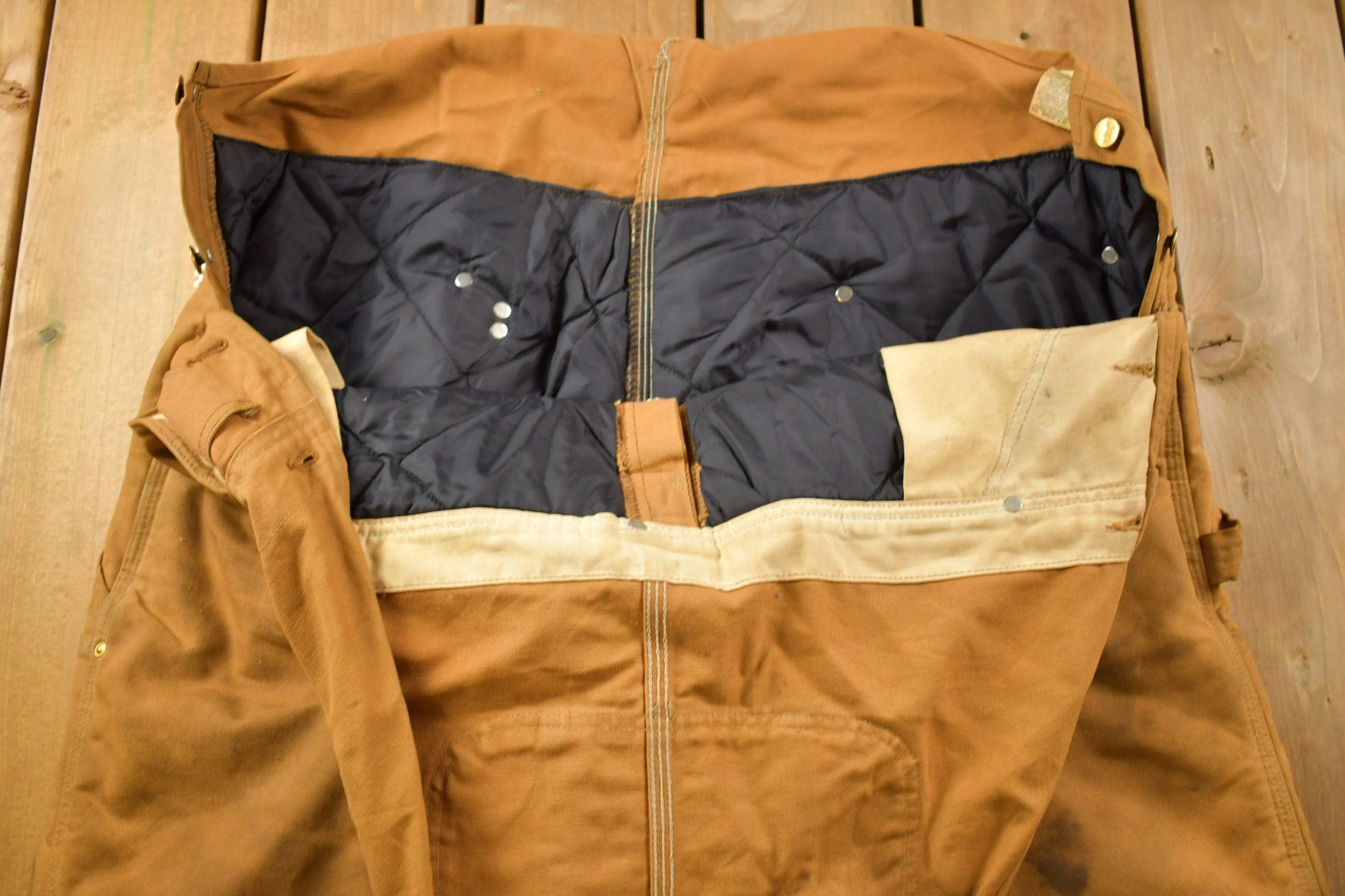 Vintage 1990s Carhartt Beige Double Knee Canvas Quilted Overalls Men's 44 x 30 - Image 5