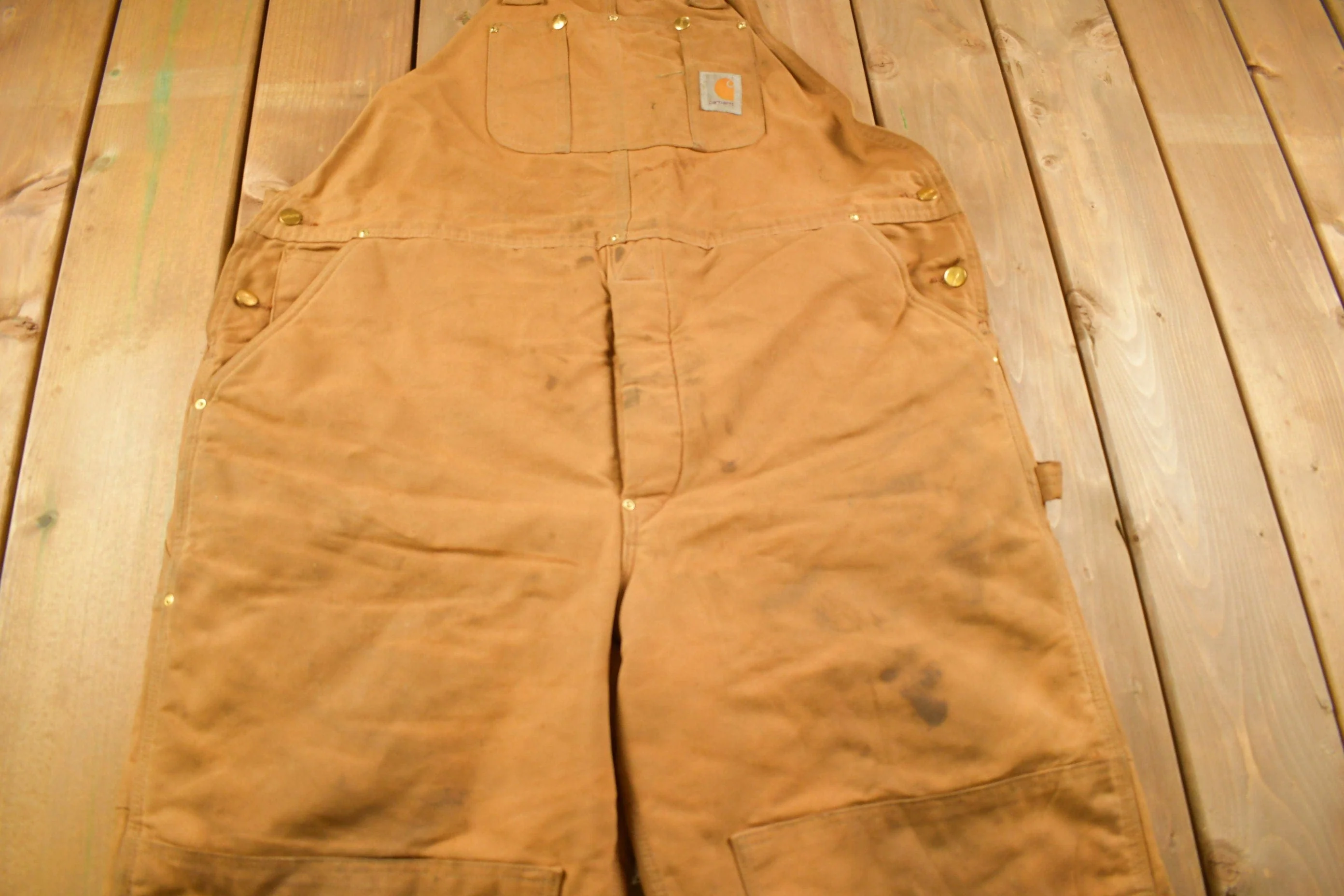 Vintage 1990s Carhartt Beige Double Knee Canvas Quilted Overalls Men's 44 x 30 - Image 6