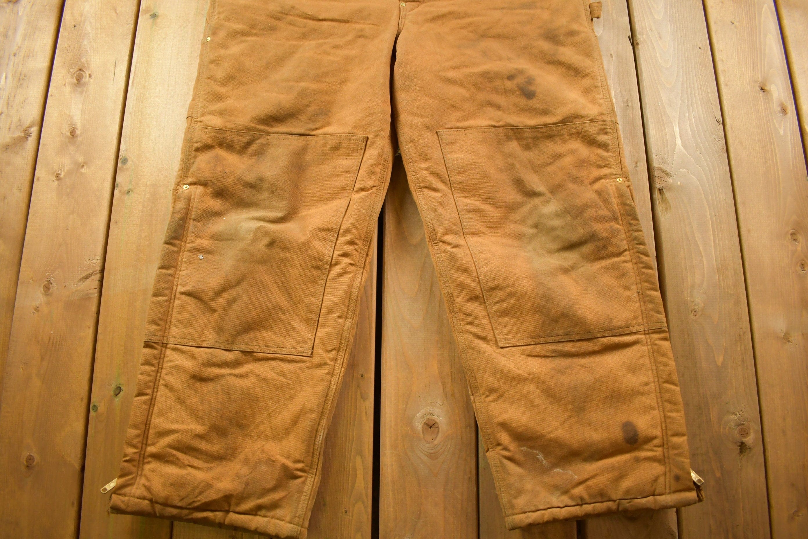 Vintage 1990s Carhartt Beige Double Knee Canvas Quilted Overalls Men's 44 x 30 - Image 9