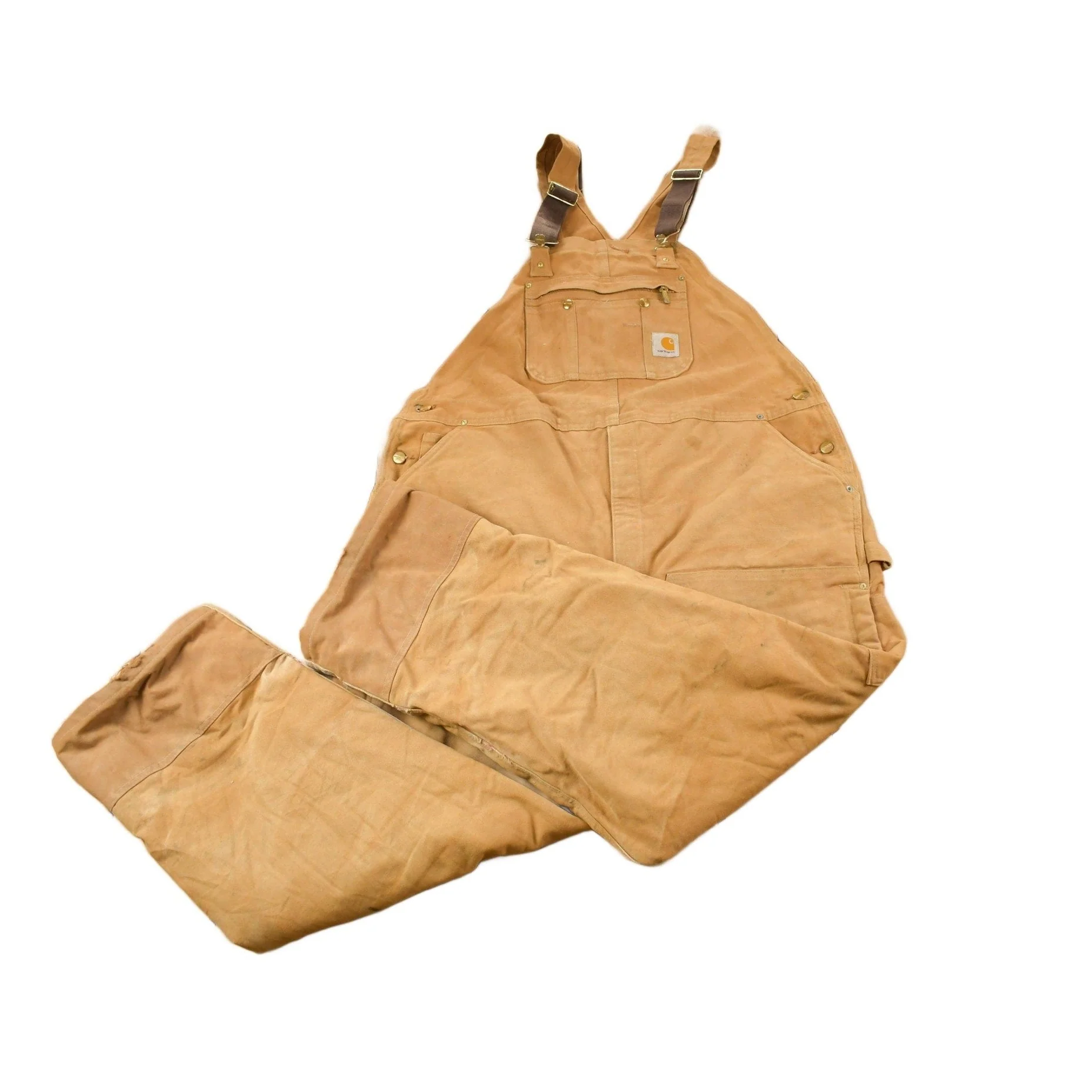 Vintage 1990s Carhartt Beige Double Knee Canvas Quilted Overalls Men's 46 x 30