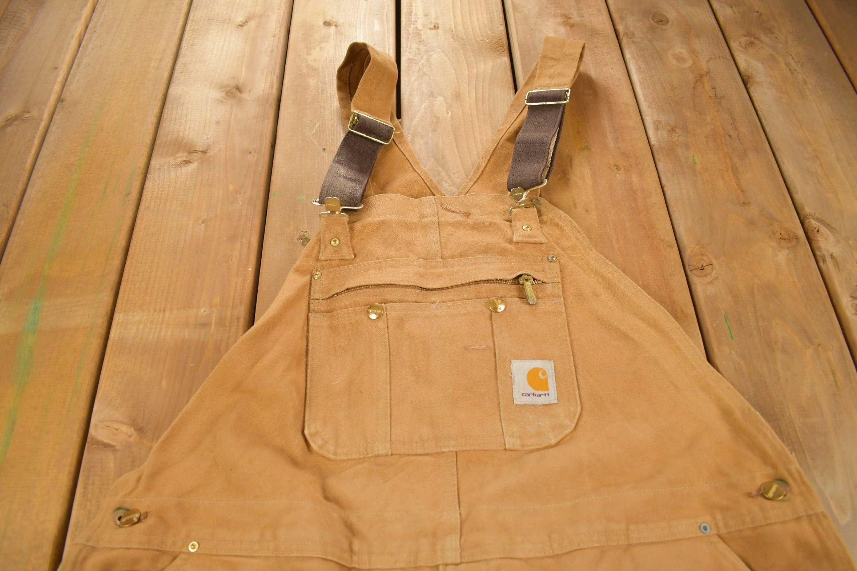 Vintage 1990s Carhartt Beige Double Knee Canvas Quilted Overalls Men's 46 x 30 - Image 3