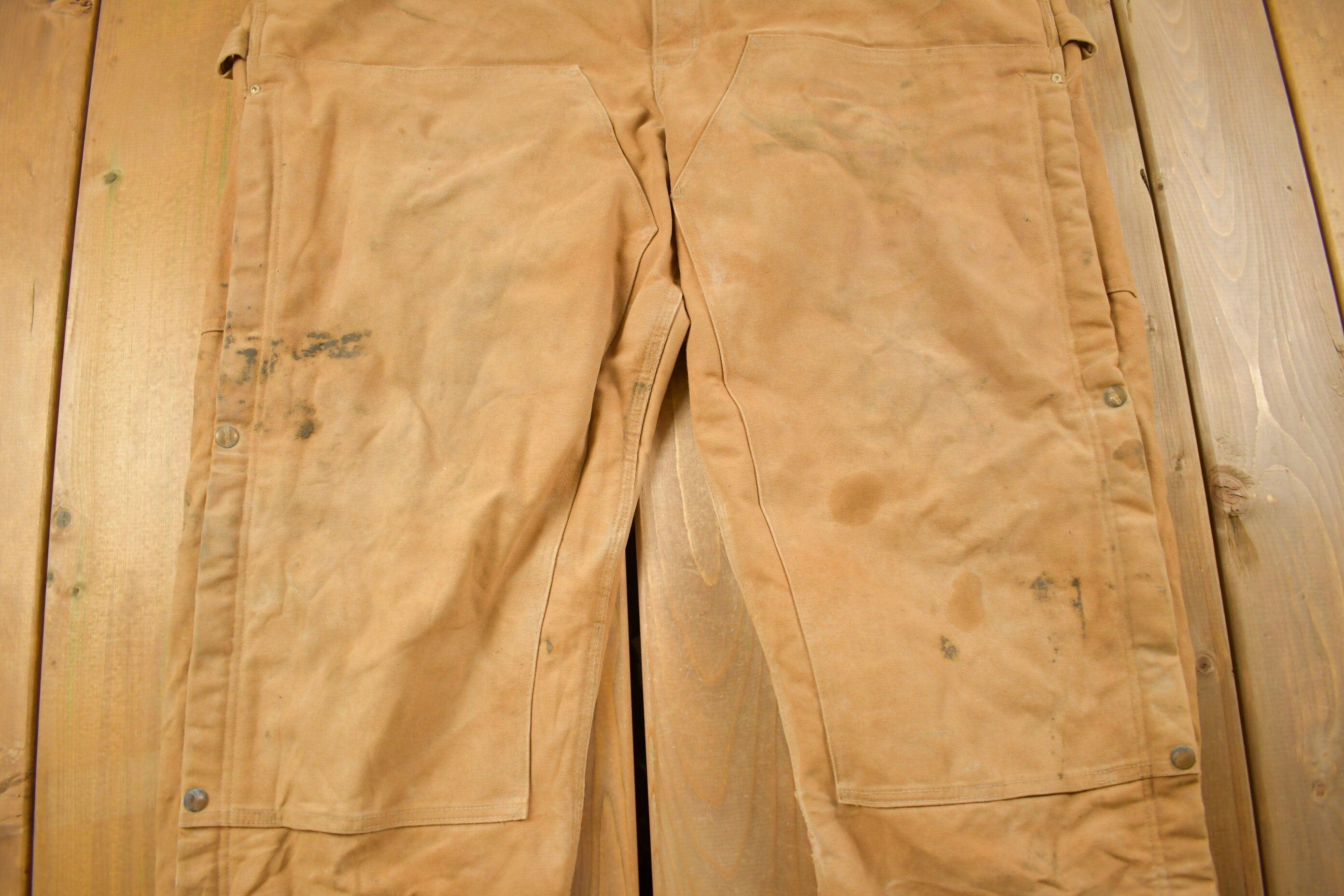 Vintage 1990s Carhartt Beige Double Knee Canvas Quilted Overalls Men's 46 x 30 - Image 5