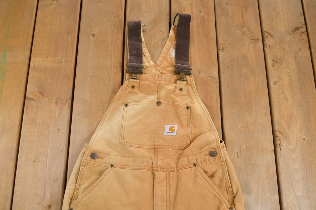 Vintage 1990s Carhartt Beige Double Knee Canvas Quilted Overalls Youth 12 - Image 3