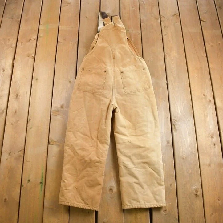 Vintage 1990s Carhartt Beige Double Knee Canvas Quilted Overalls Youth 12 - Image 4