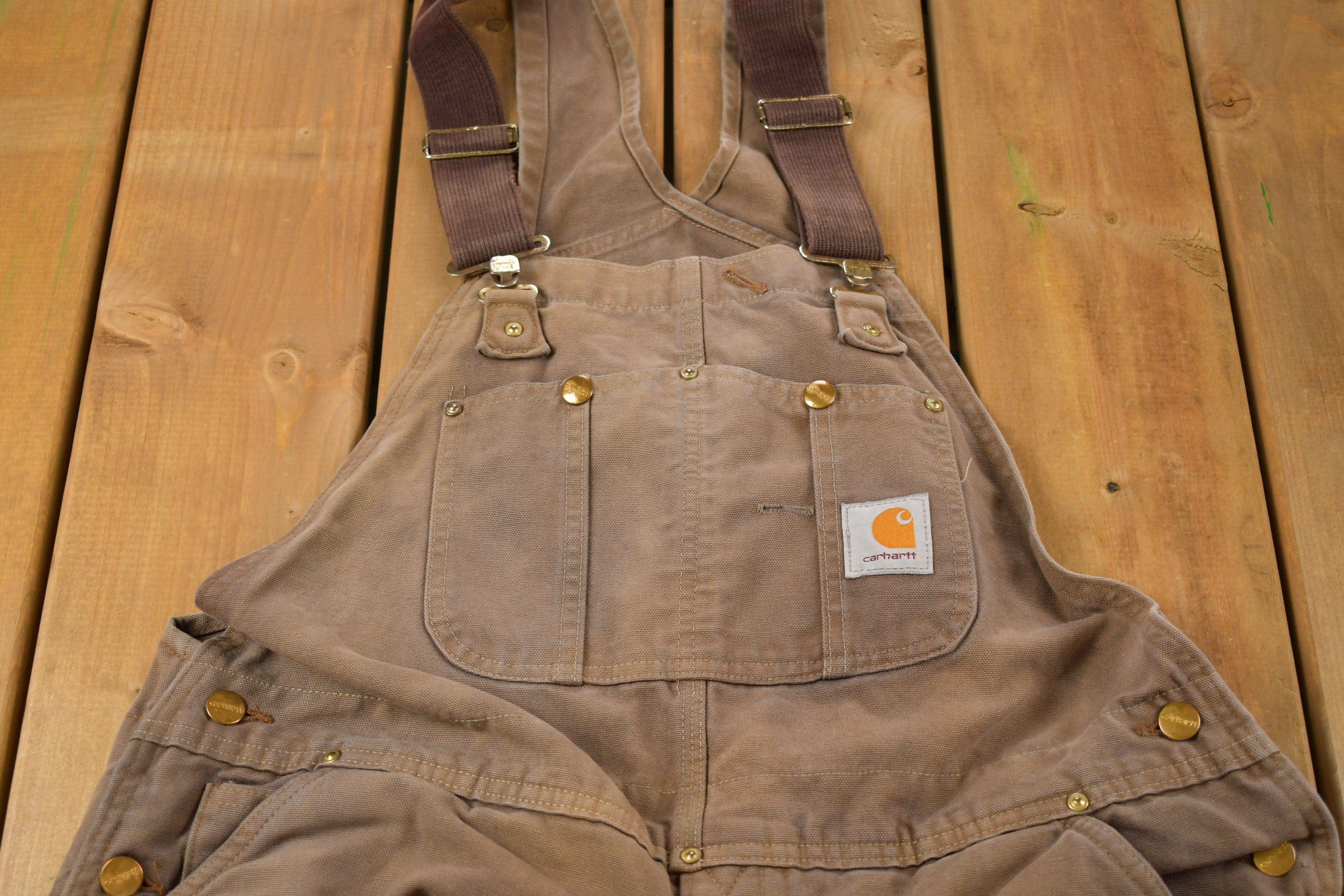 Vintage 1990s Carhartt Brown Double Knee Canvas Quilted Overalls Men's 36 x 28 - Image 4