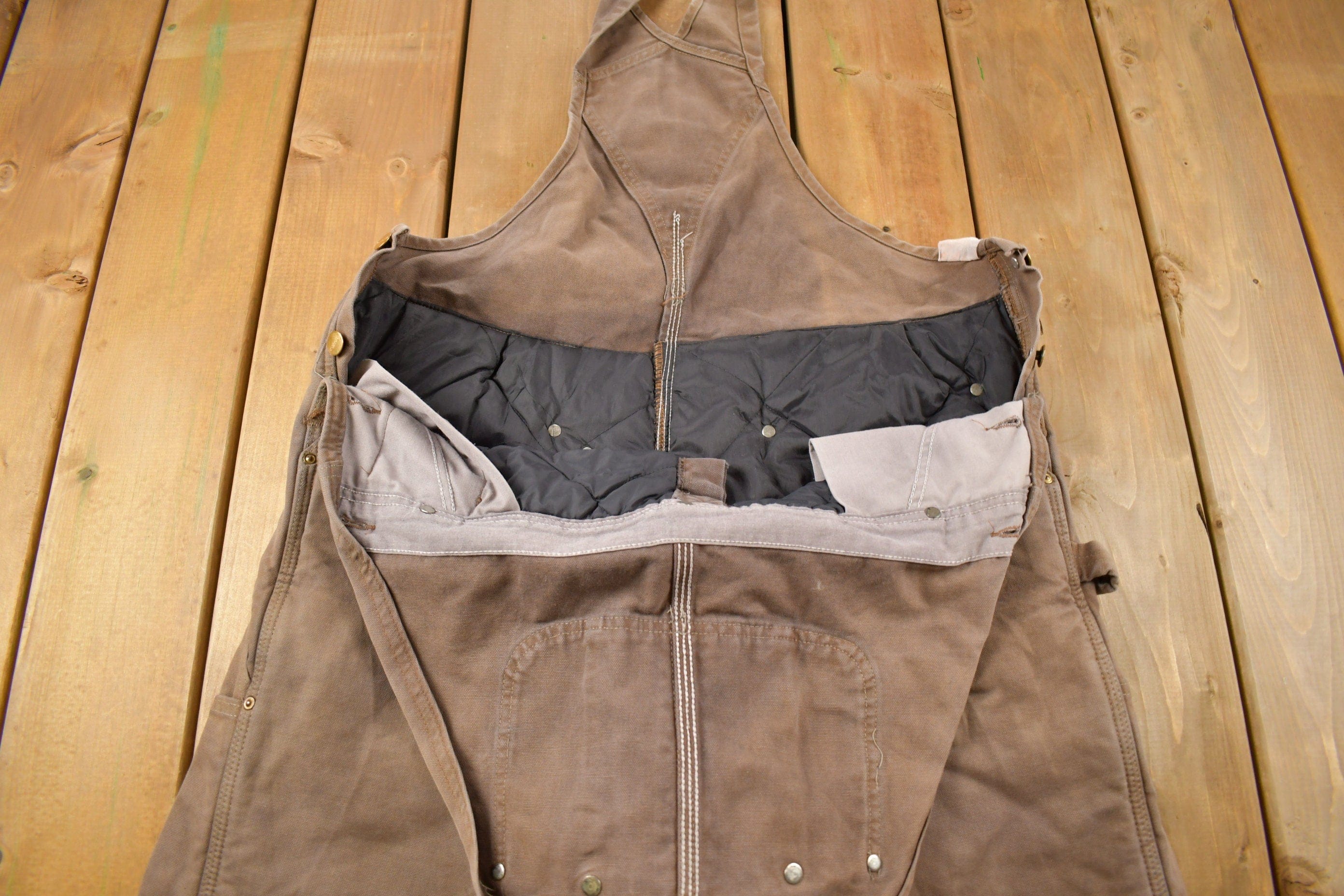 Vintage 1990s Carhartt Brown Double Knee Canvas Quilted Overalls Men's 36 x 28 - Image 5