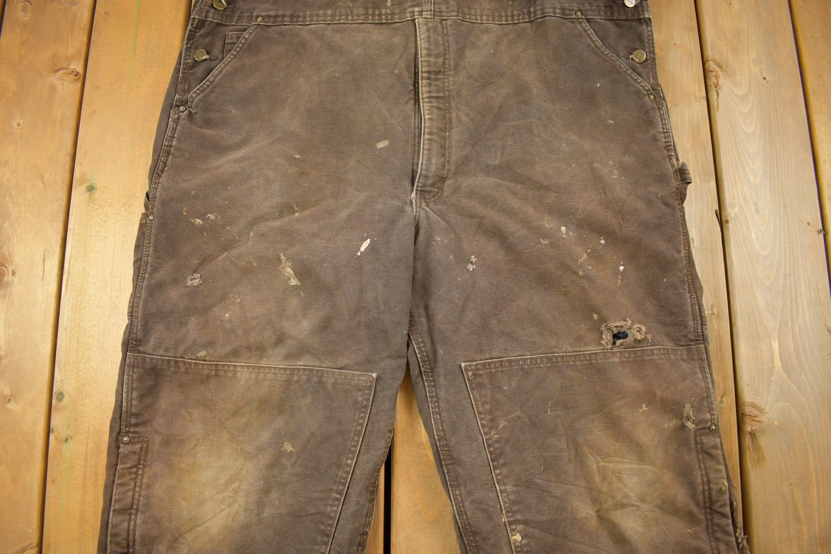 Vintage 1990s Carhartt Brown Double Knee Canvas Quilted Overalls Men's 48 x 30 - Image 3