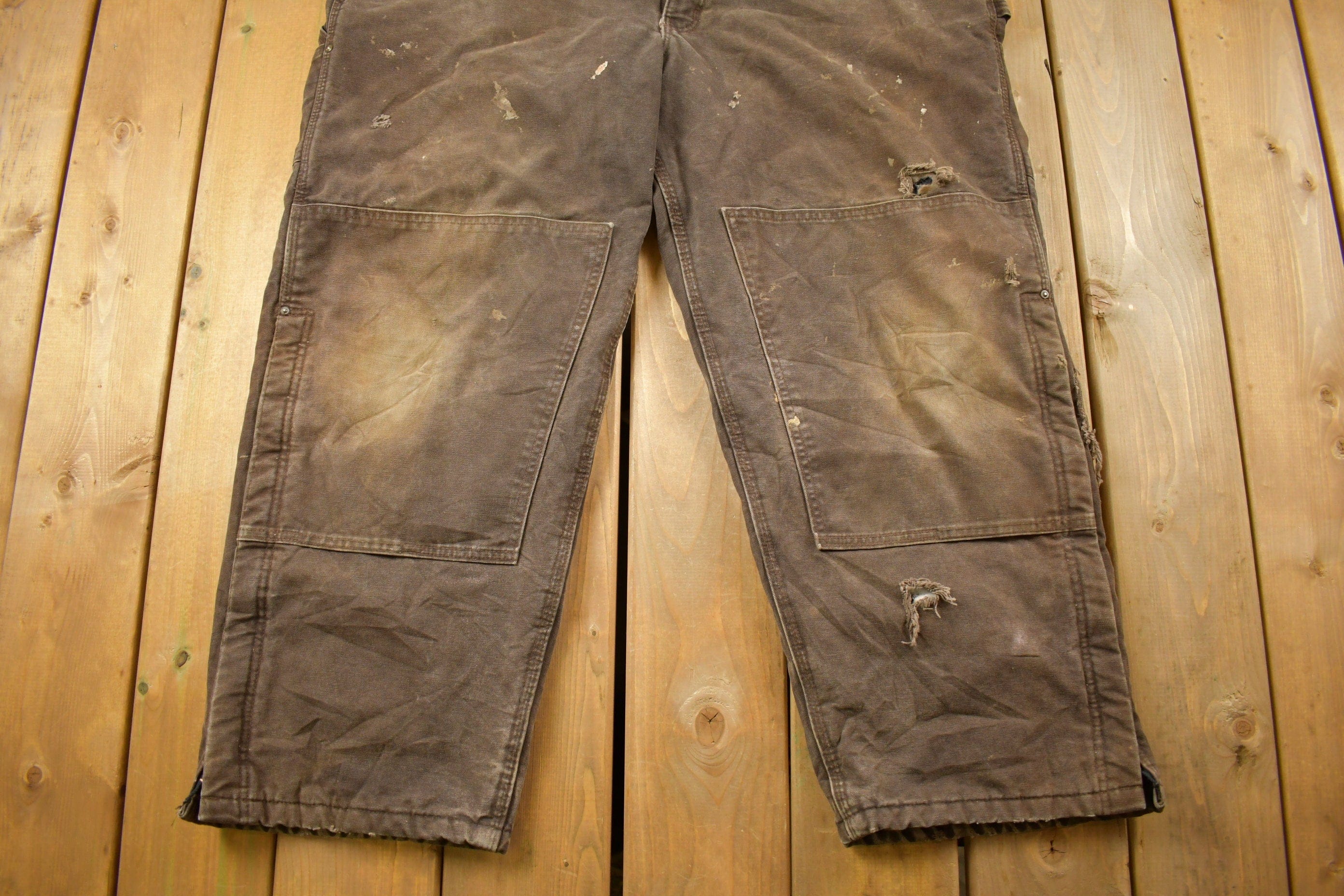Vintage 1990s Carhartt Brown Double Knee Canvas Quilted Overalls Men's 48 x 30 - Image 4