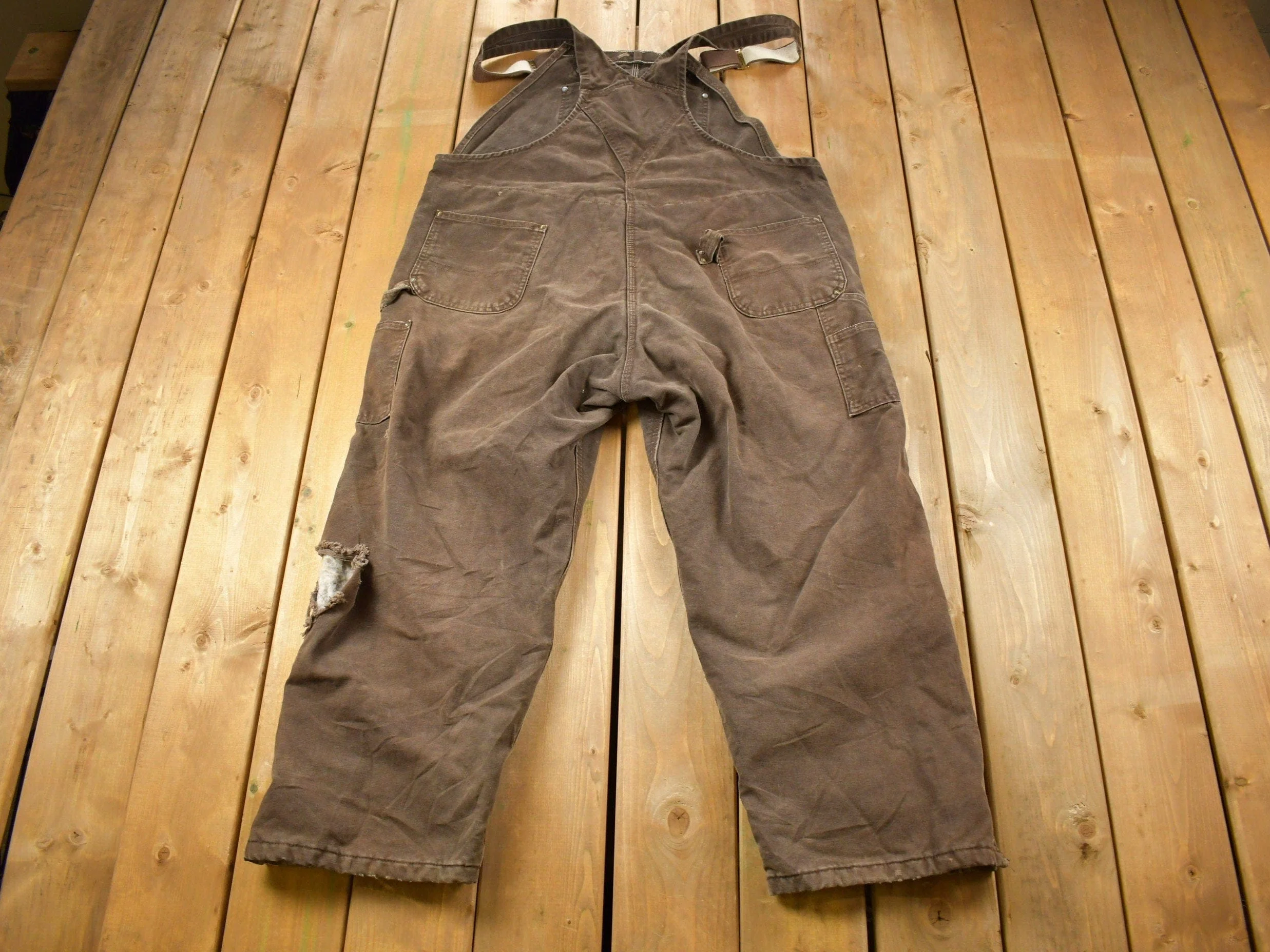 Vintage 1990s Carhartt Brown Double Knee Canvas Quilted Overalls Men's 48 x 30 - Image 5