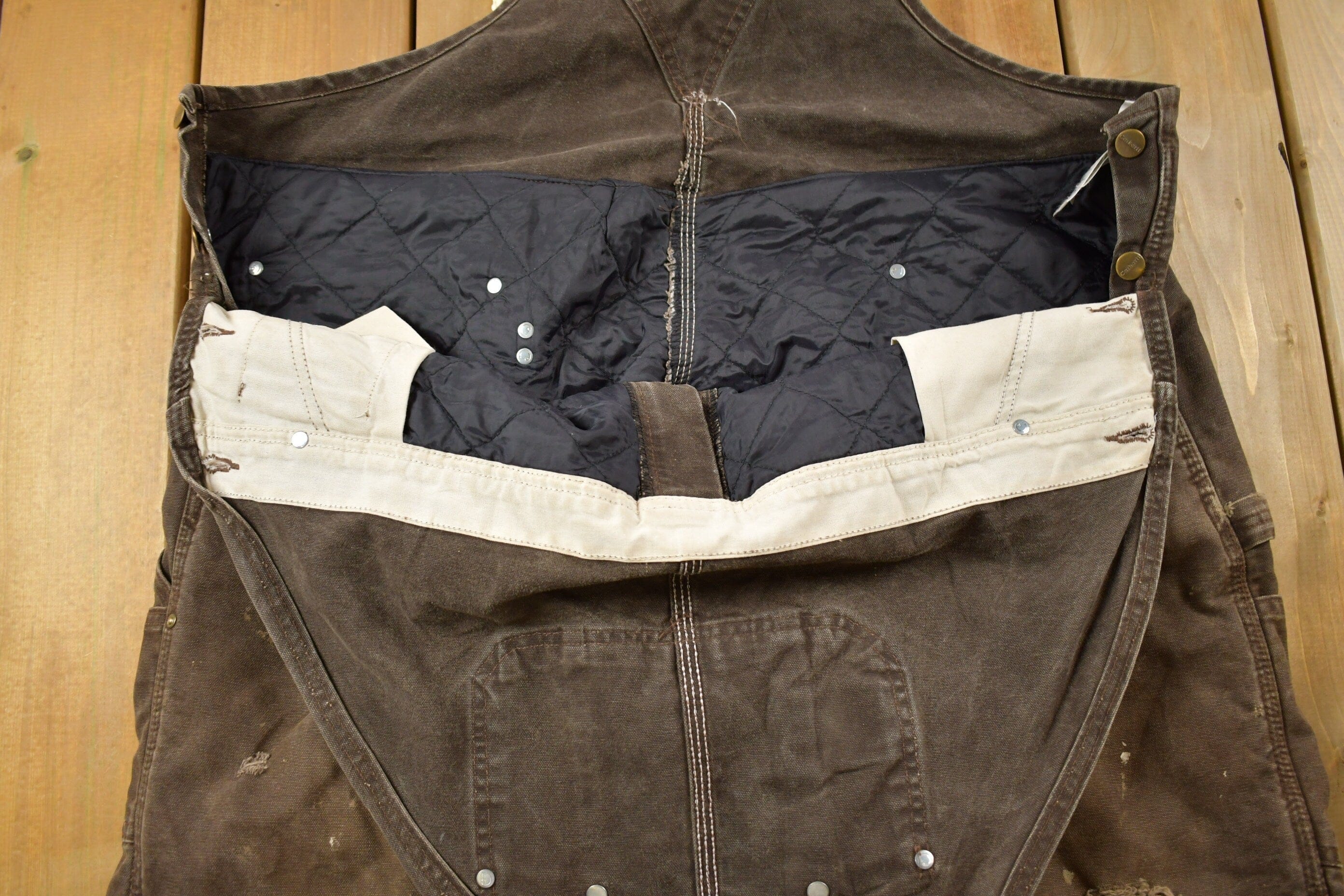 Vintage 1990s Carhartt Brown Double Knee Canvas Quilted Overalls Men's 48 x 30 - Image 7