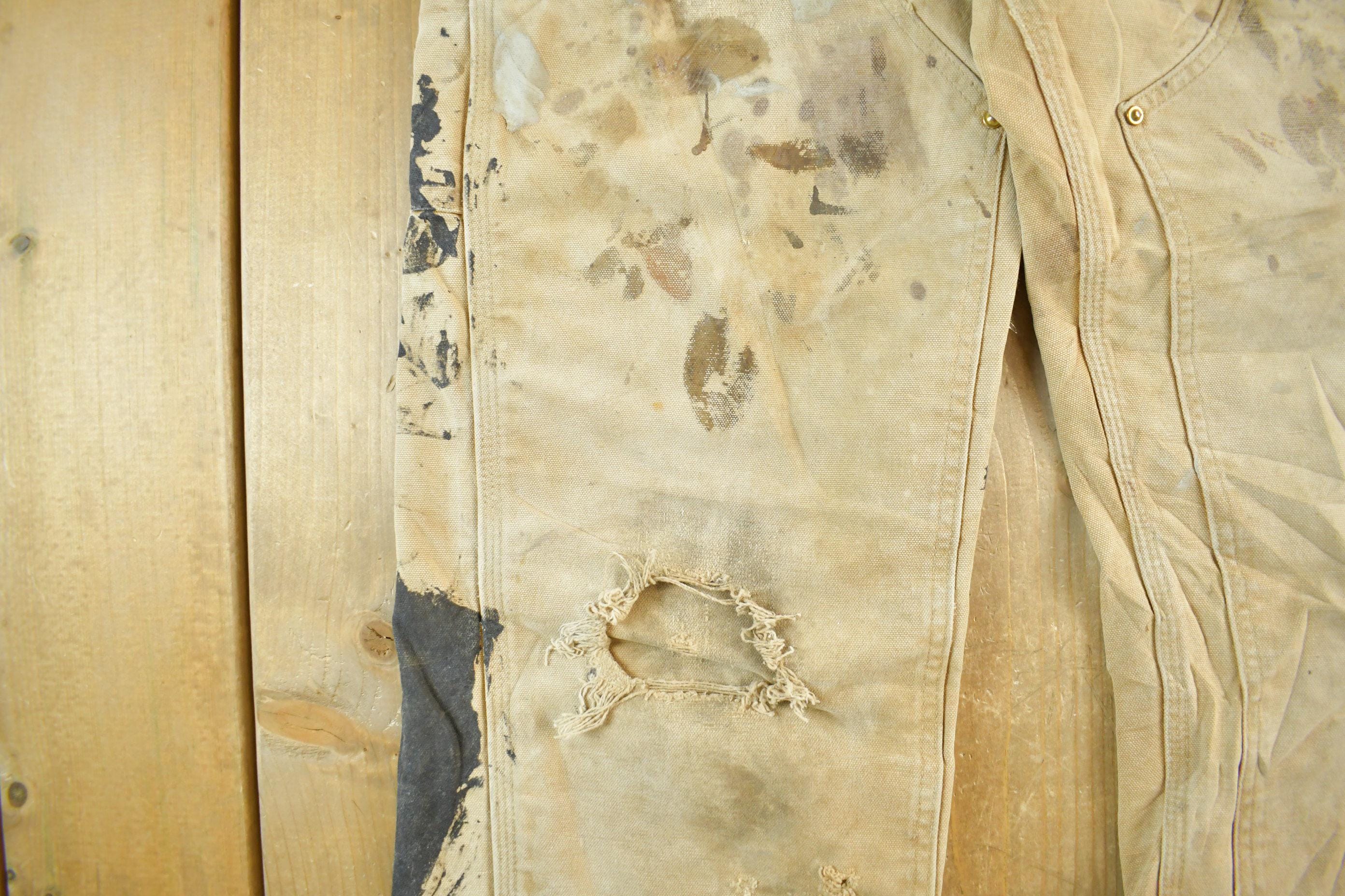 Vintage 1990s Carhartt Paint Distressed Double Knee Denim Work Jeans Men's Medium 34 x 29 - Image 3