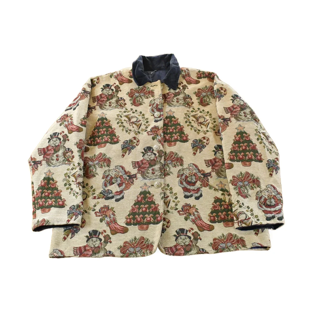 Vintage 1990s Christmas Graphic Patchwork Button Up Jacket Women's 2XL