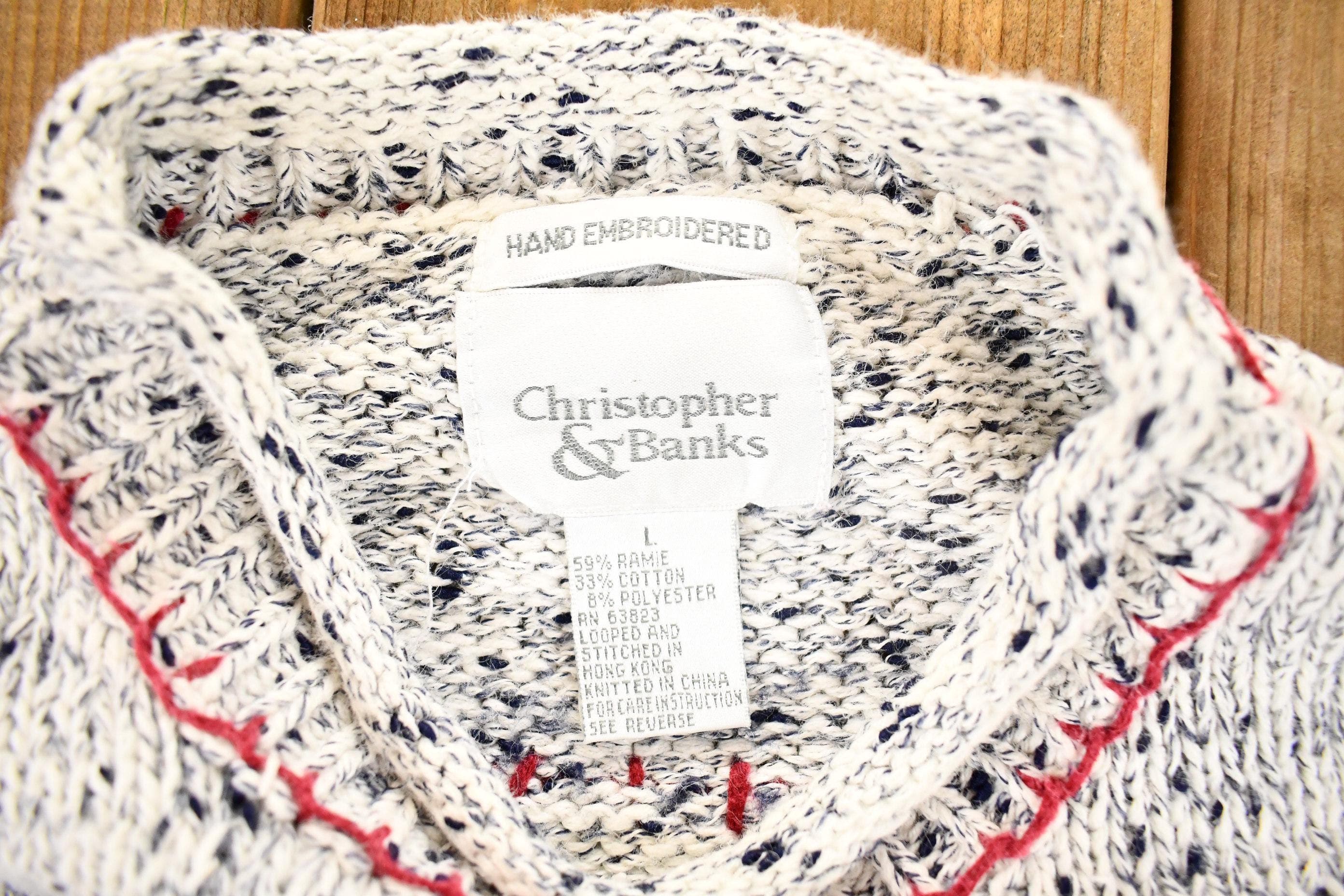 Vintage 1990s Christopher And Banks Hand Embroidered American Flag Chunky Knit Crewneck Sweater Mens M - Image 6