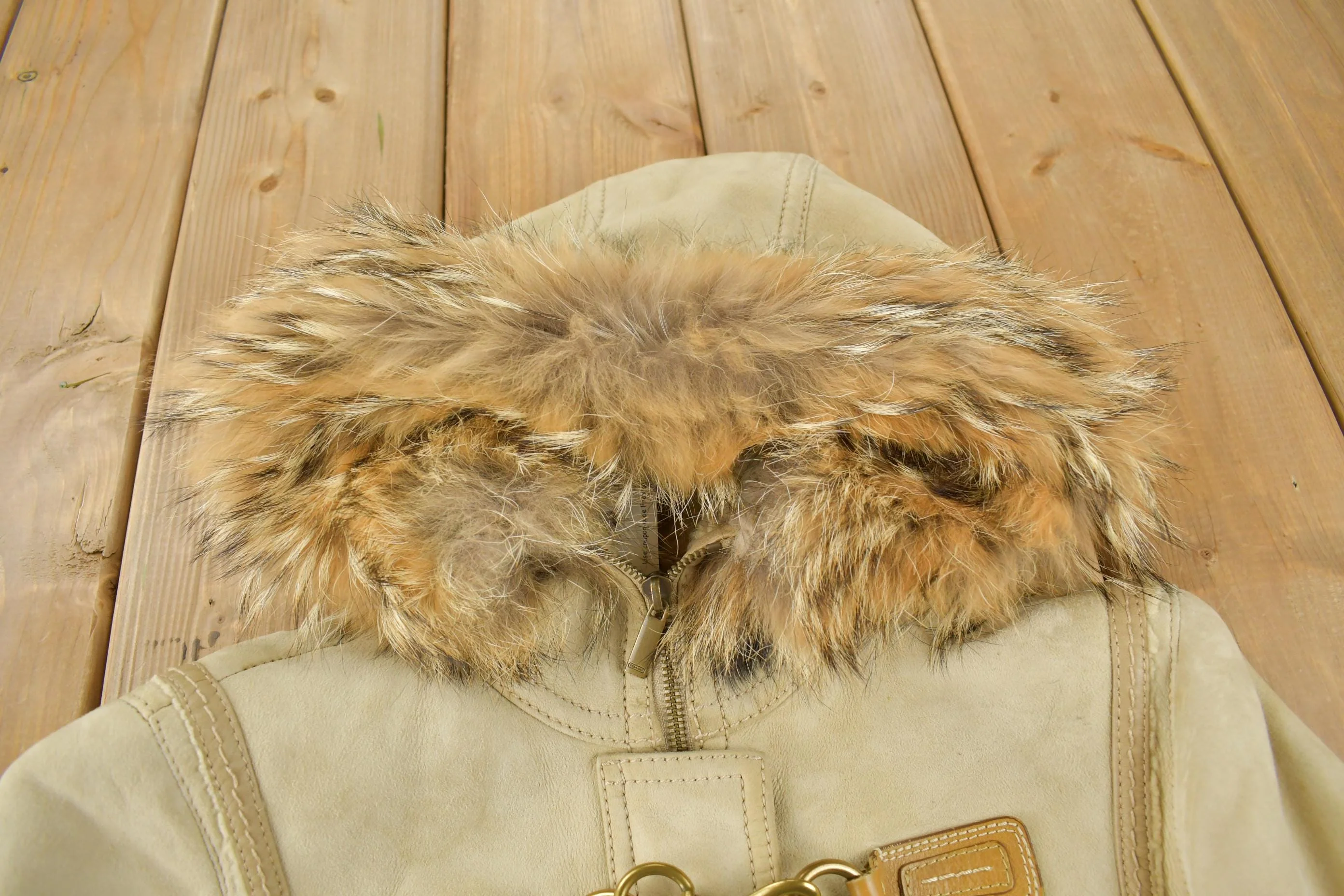 Vintage 1990s Coach Authentic Leather Full Length Shearling Jacket With Fur Hood Size 8 - Image 5