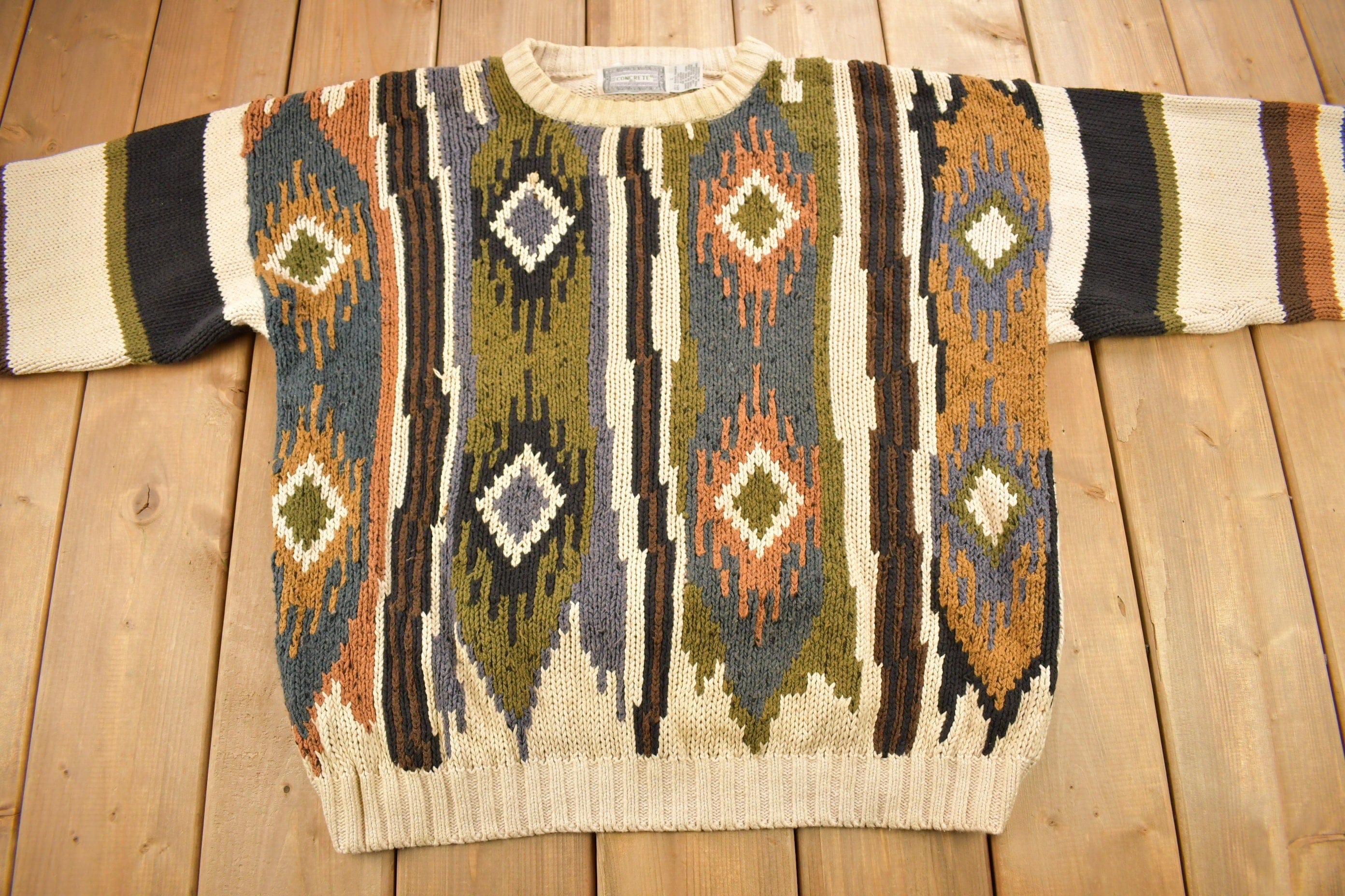 Vintage 1990s Concrete Aztec Pattern Knit Crewneck Sweater Men's Large - Image 3