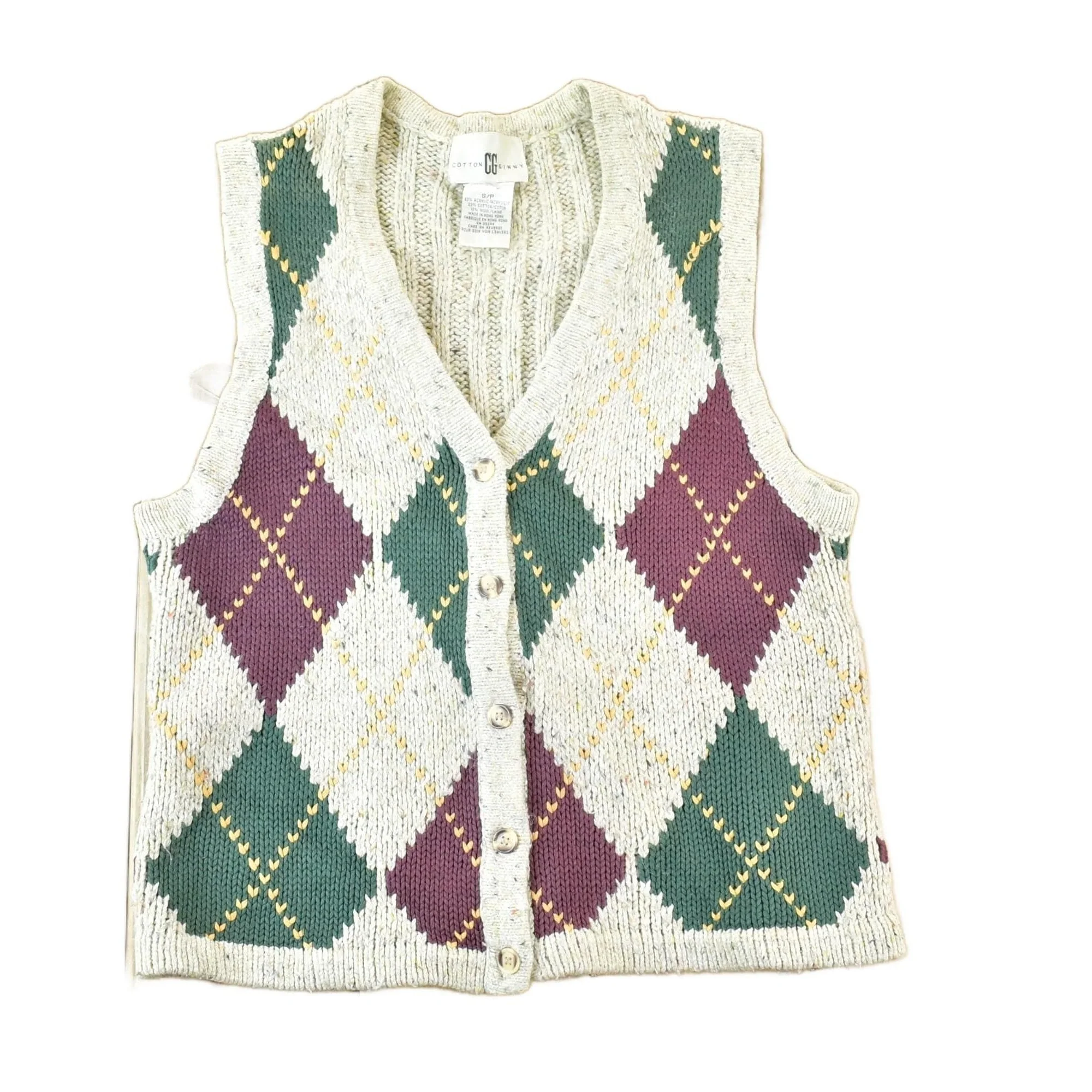 Vintage 1990s Cotton Ginny Argyle Pattern Chunky Knit Cardigan Sweater Vest Women's S