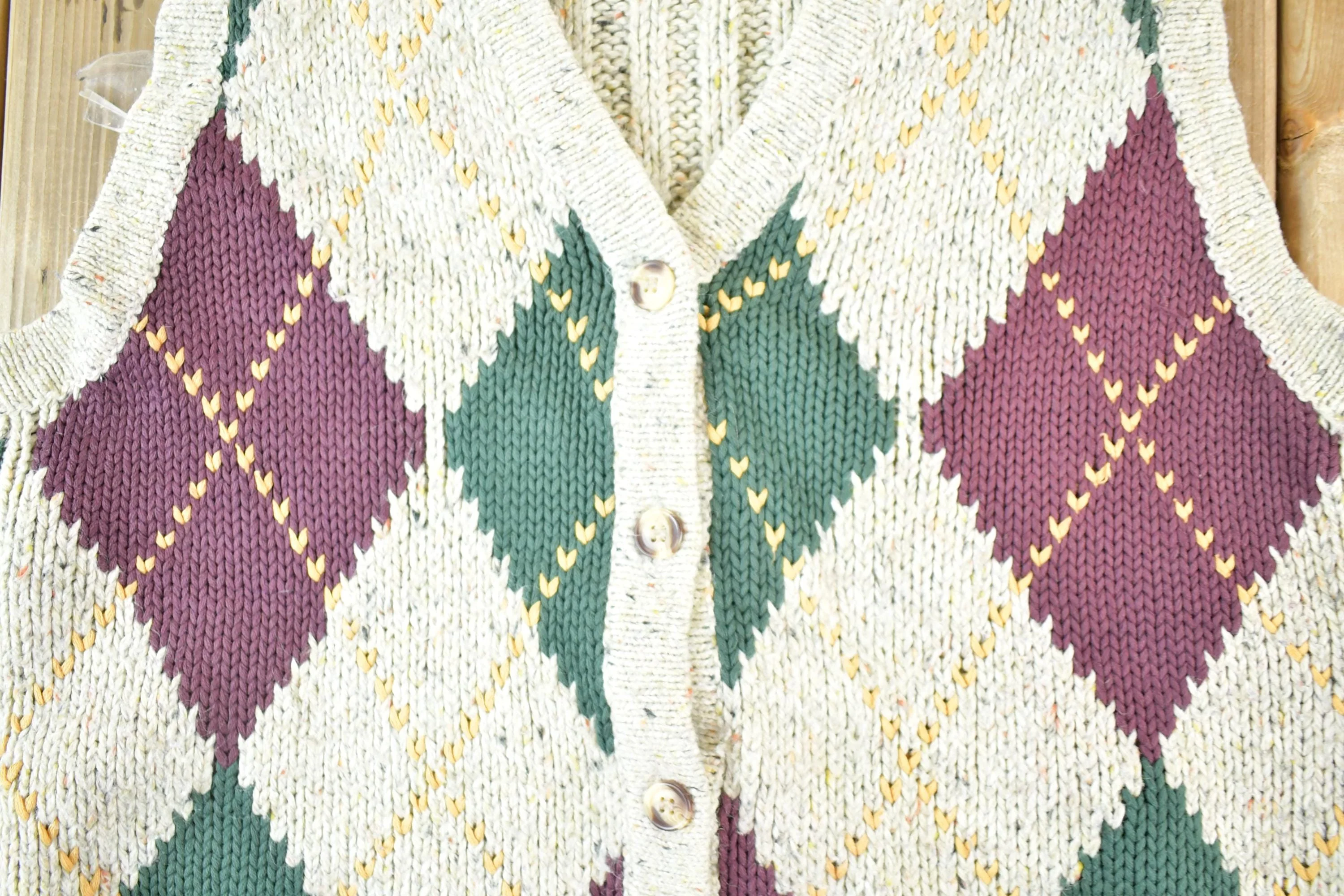 Vintage 1990s Cotton Ginny Argyle Pattern Chunky Knit Cardigan Sweater Vest Women's S - Image 3