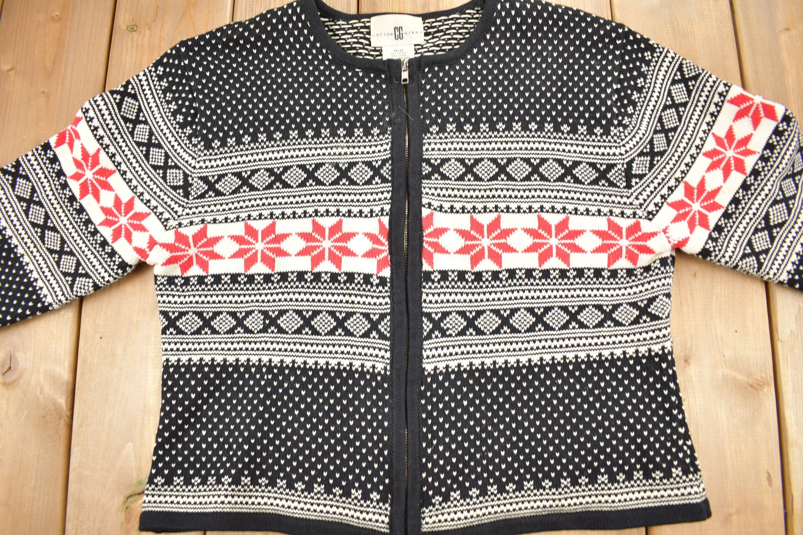 Vintage 1990s Cotton Ginny Knit Zip Up Sweater Men's Medium - Image 3