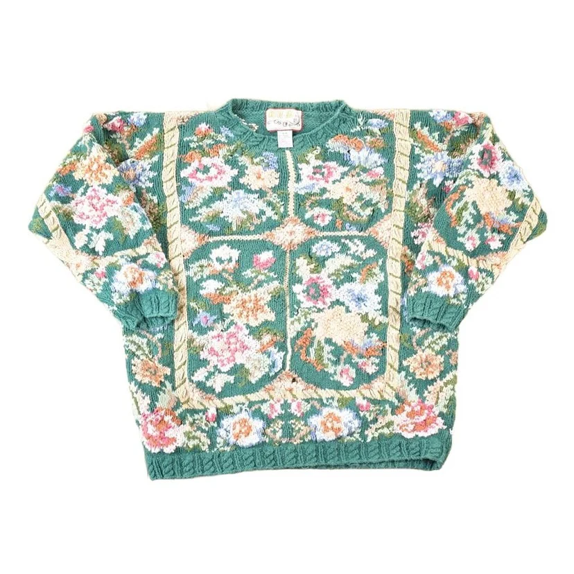 Vintage 1990s Crystal Kobe Chunky Floral All Over Print Knit Abstract Pattern Crewneck Sweater Women's L