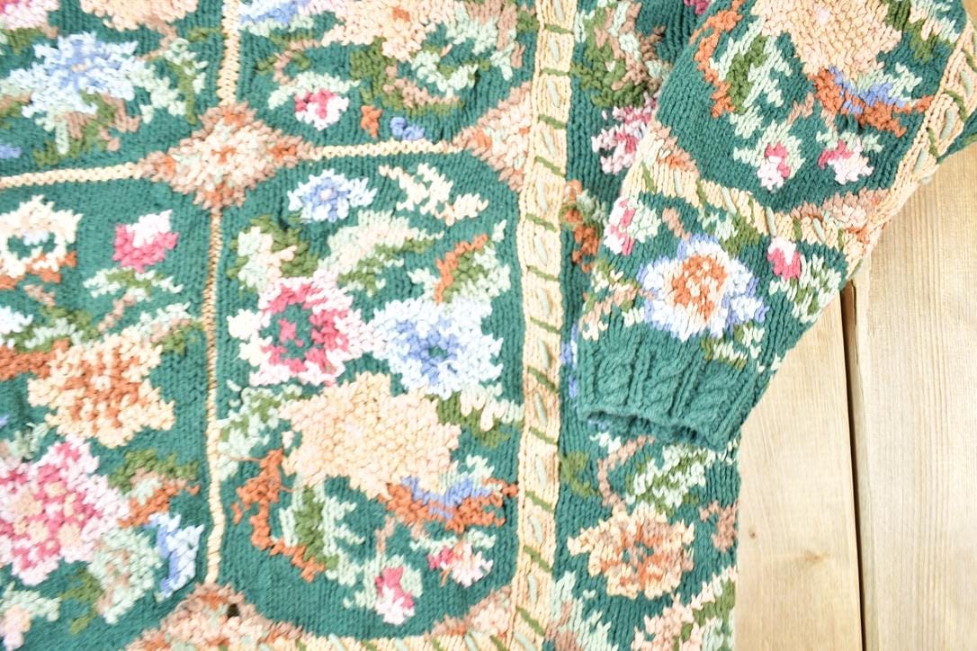 Vintage 1990s Crystal Kobe Chunky Floral All Over Print Knit Abstract Pattern Crewneck Sweater Women's L - Image 3