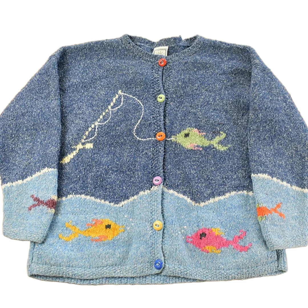 Vintage 1990s Del Mundo Wool Blend Fish Knit Cardigan Sweater Women's L