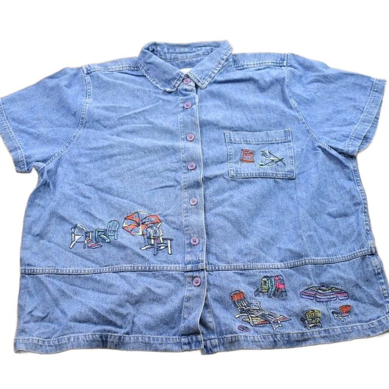 Vintage 1990s Embroidered Jean Button Up Shirt Men's XL