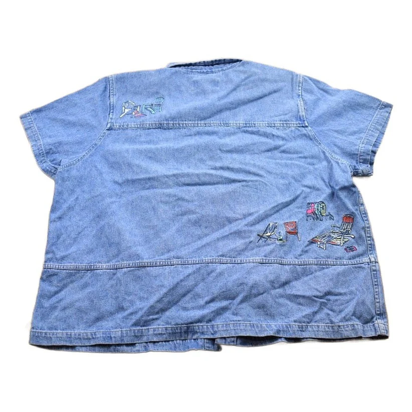 Vintage 1990s Embroidered Jean Button Up Shirt Men's XL - Image 2