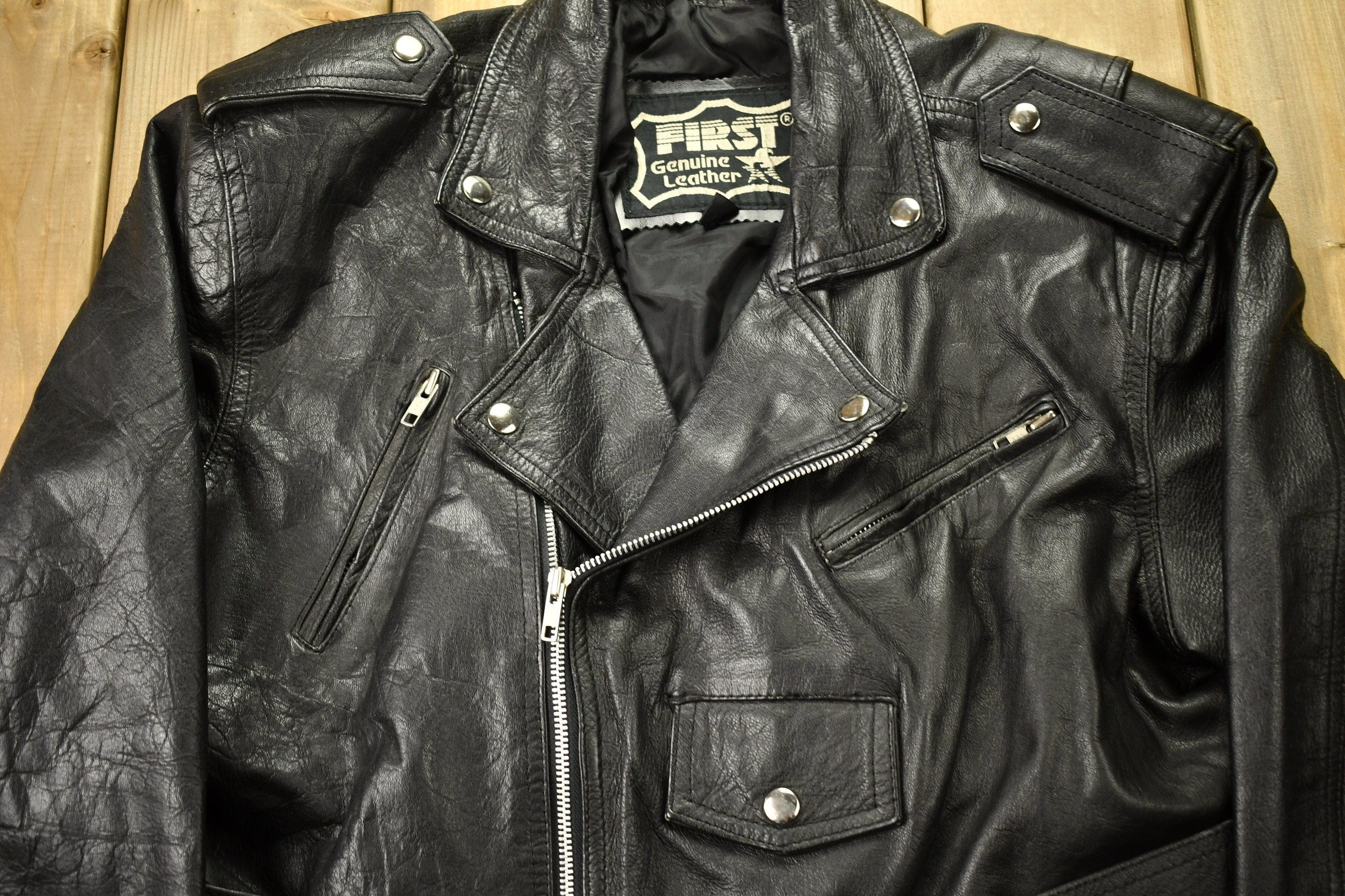 Vintage 1990s First Genuine Leather Biker Jacket Men's Medium - Image 3