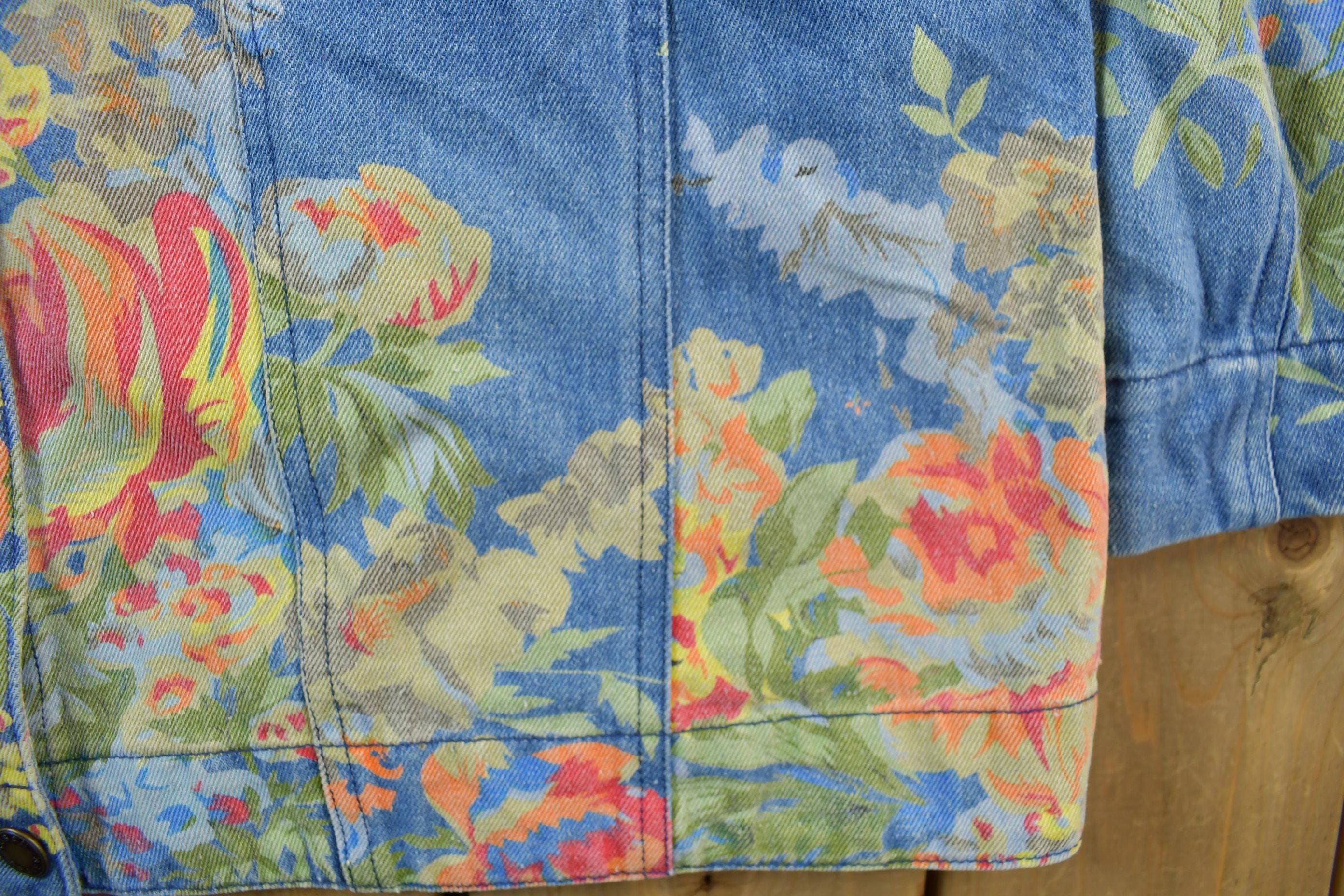 Vintage 1990s Floral Denim Jean Jacket Men's XL - Image 7