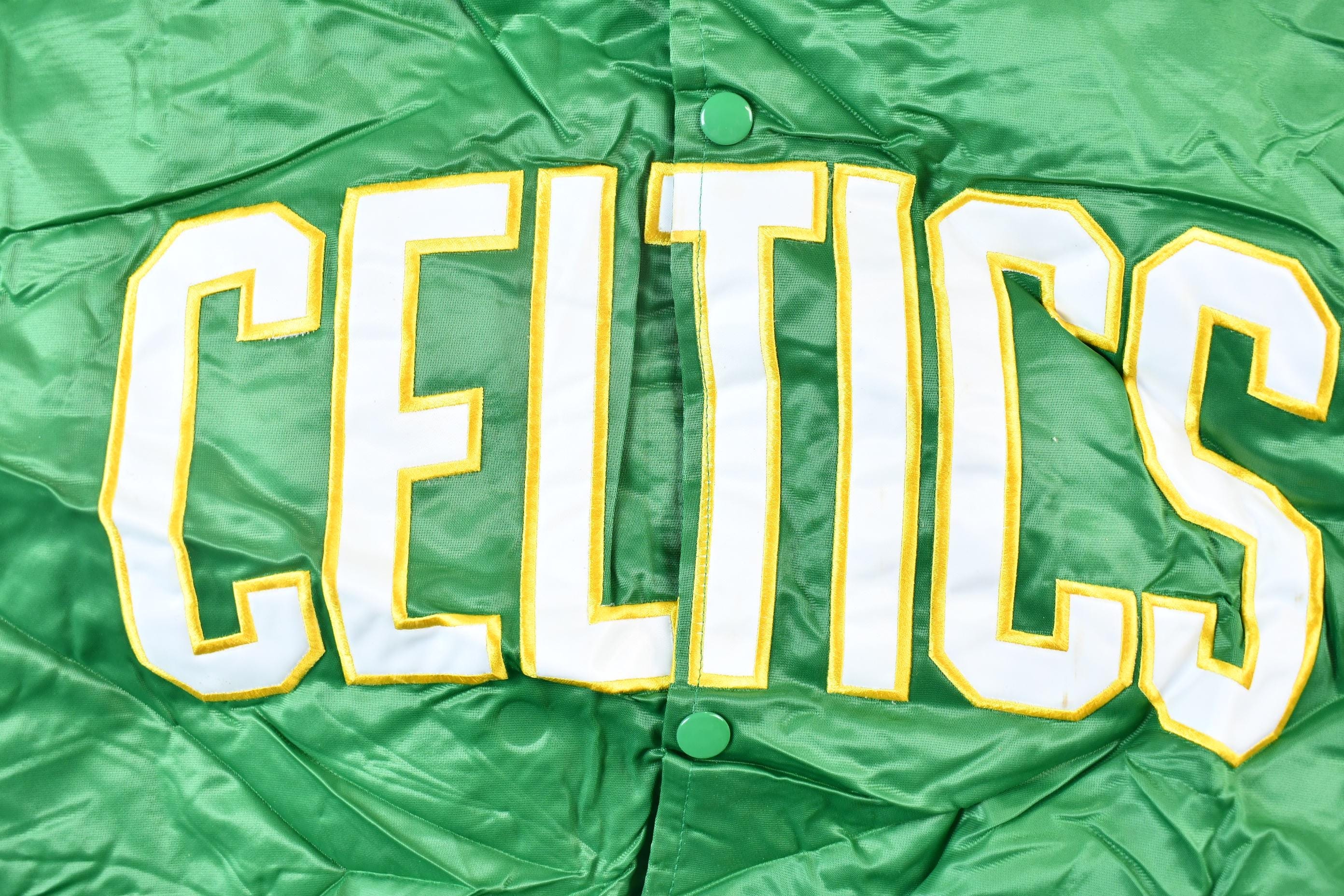 Vintage 1990s Hardwood Classics Boston Celtics NBA Basketball Embroidered Snap Button Satin Bomber Jacket Men's 3XL - Image 3
