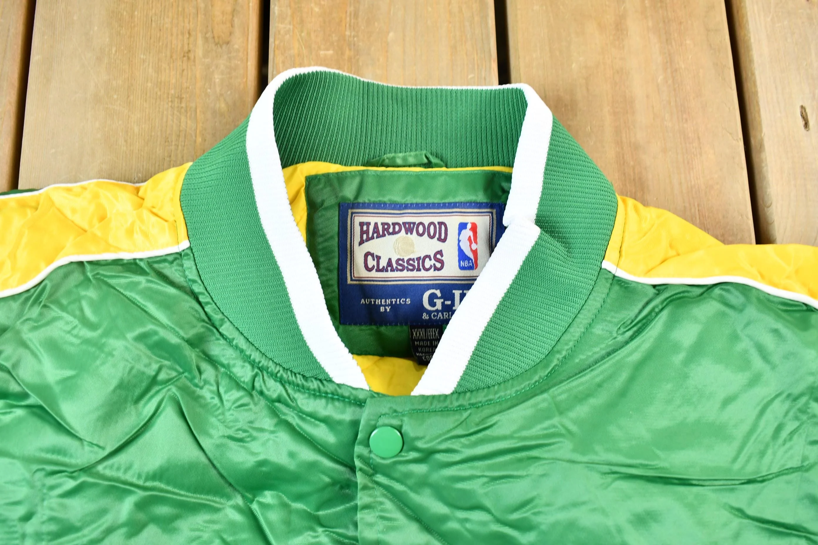 Vintage 1990s Hardwood Classics Boston Celtics NBA Basketball Embroidered Snap Button Satin Bomber Jacket Men's 3XL - Image 4