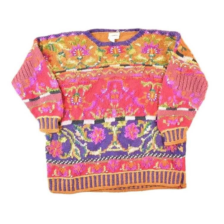Vintage 1990s Jennifer Reed Knitted By Hand Chunky Knit AOP Abstract Floral Pattern Crewneck Sweater Women's L