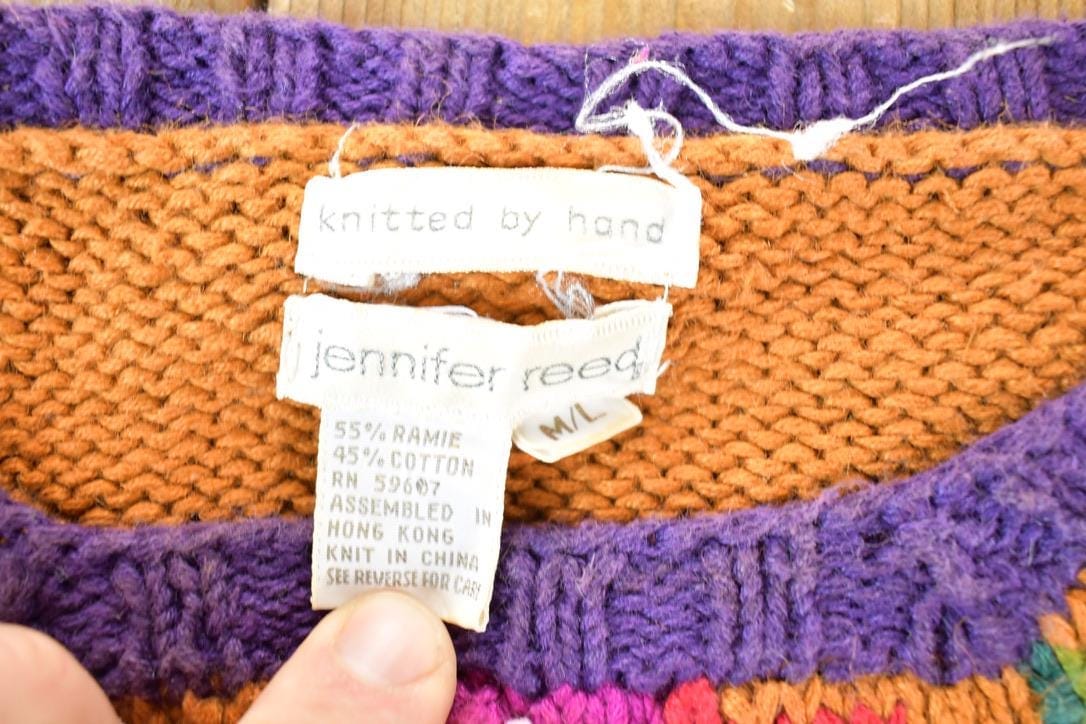 Vintage 1990s Jennifer Reed Knitted By Hand Chunky Knit AOP Abstract Floral Pattern Crewneck Sweater Women's L - Image 4