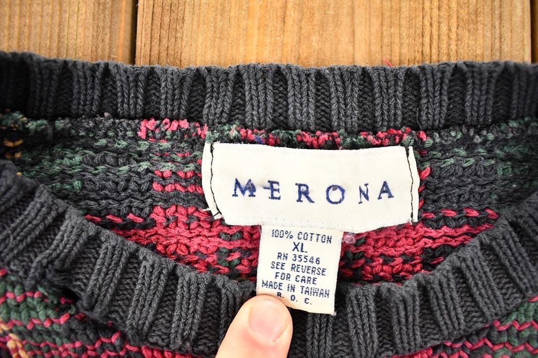 Vintage 1990s Merona Knit Plaid AOP Crewneck Sweater Mens L - Image 4