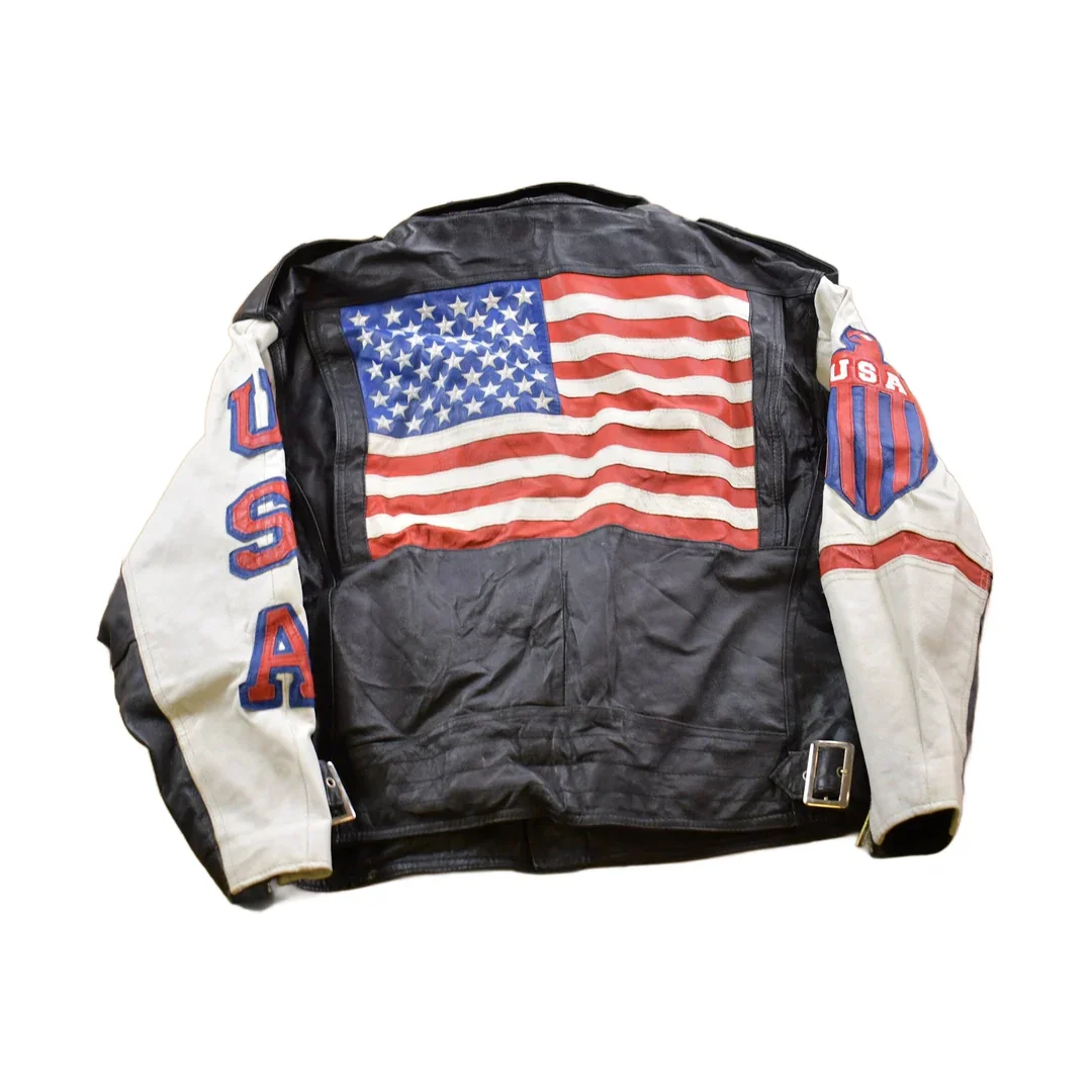 Vintage 1990s Michael Hoban USA American Flag Leather Biker Jacket Men's Medium