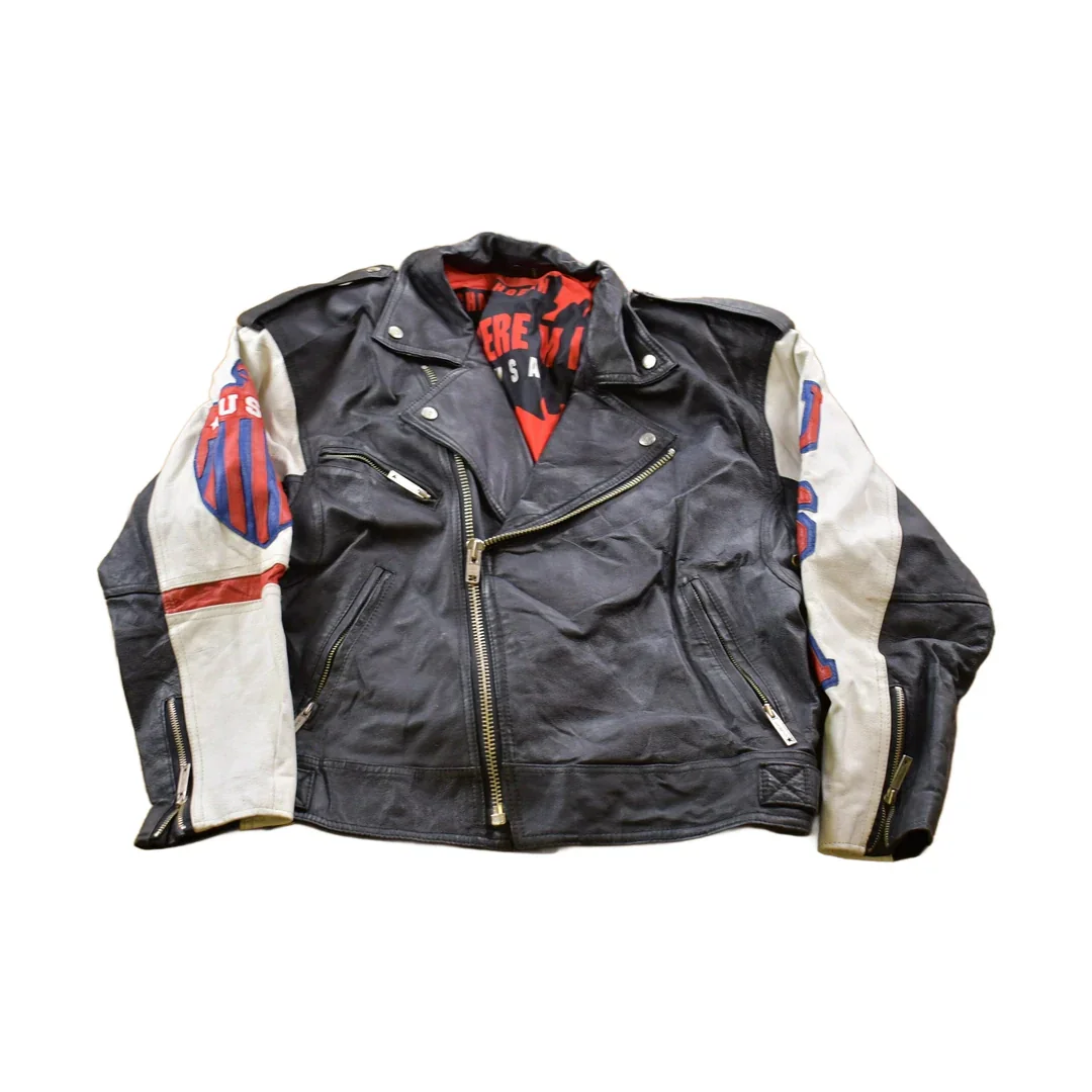 Vintage 1990s Michael Hoban USA American Flag Leather Biker Jacket Men's Medium - Image 2