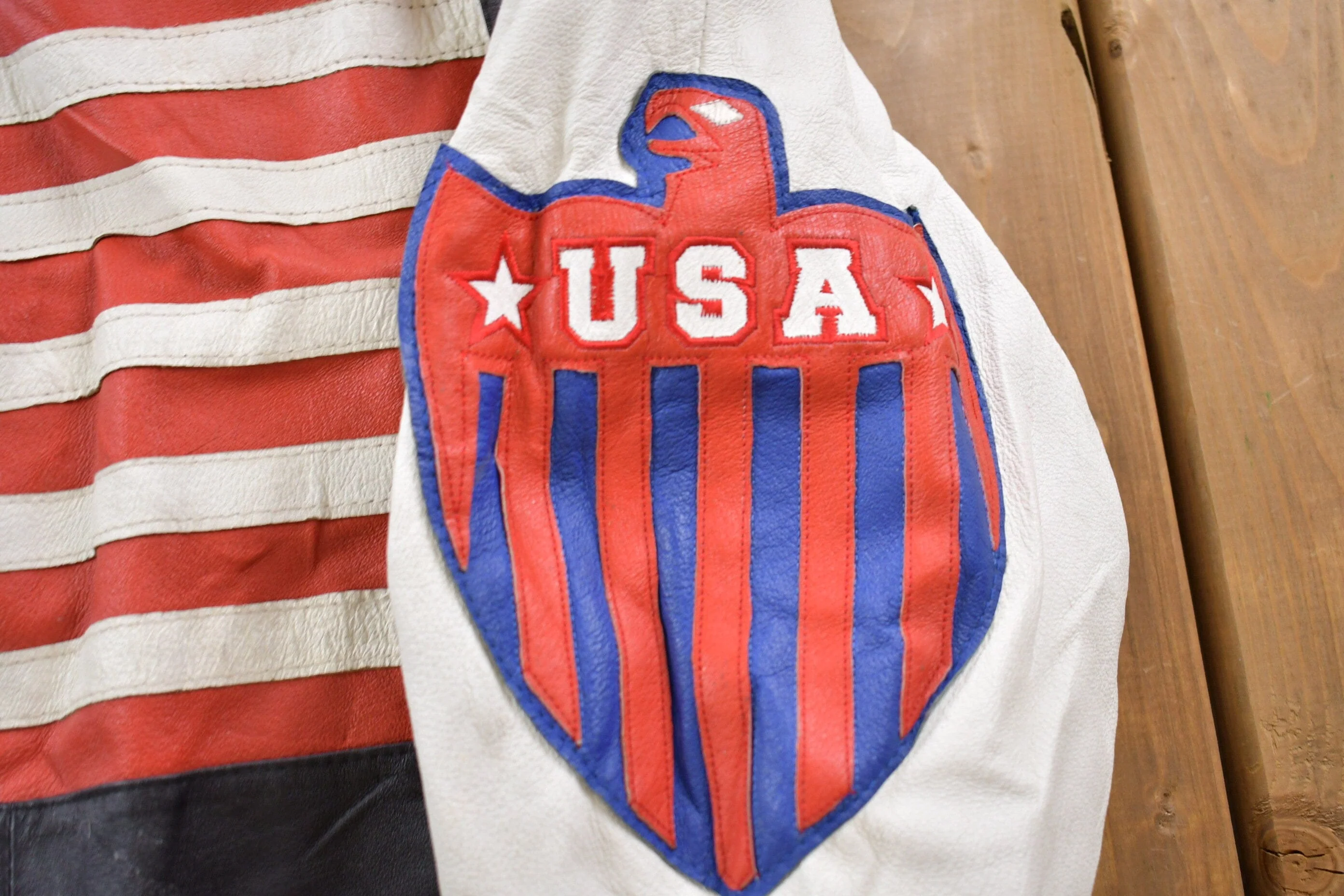 Vintage 1990s Michael Hoban USA American Flag Leather Biker Jacket Men's Medium - Image 3