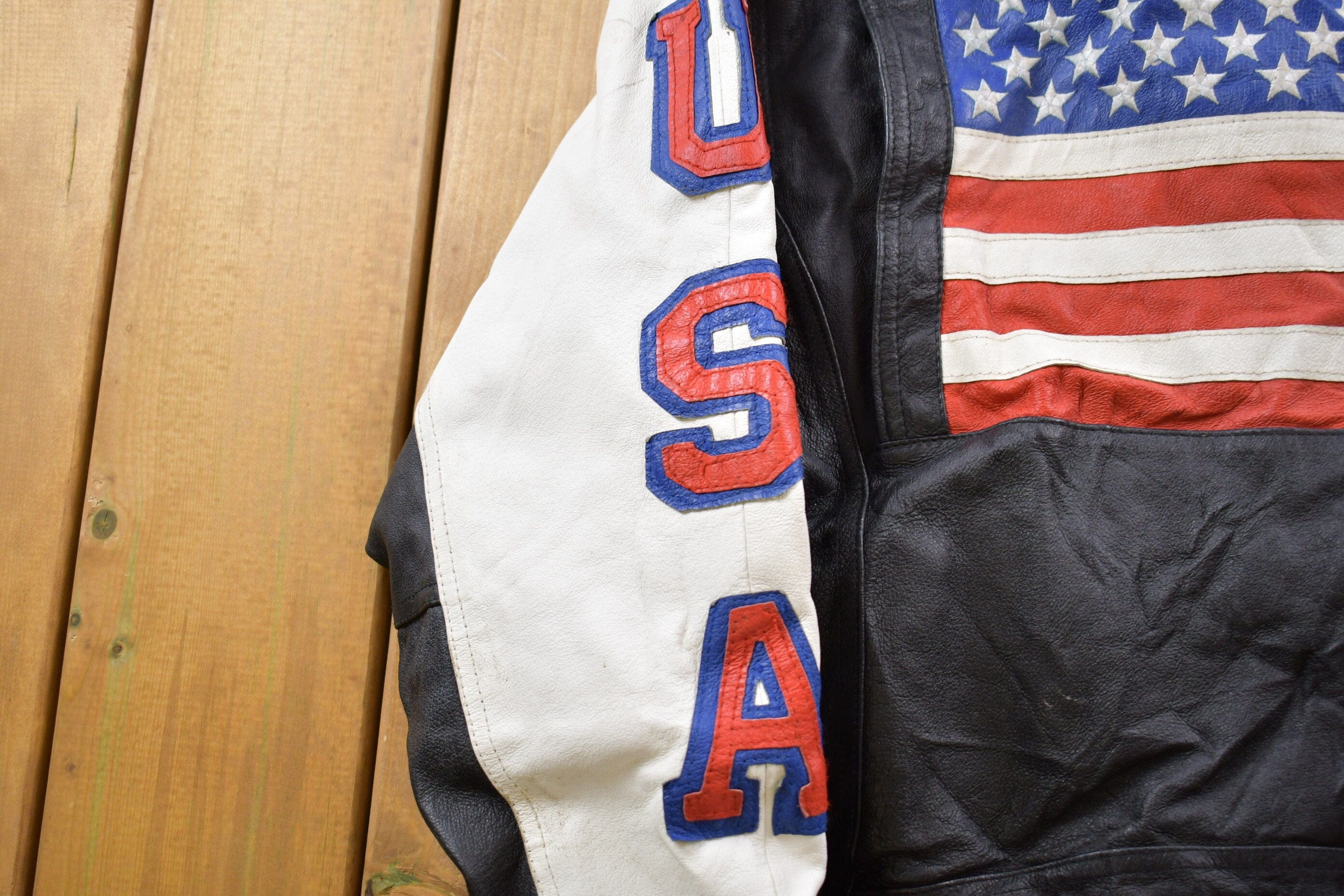 Vintage 1990s Michael Hoban USA American Flag Leather Biker Jacket Men's Medium - Image 4