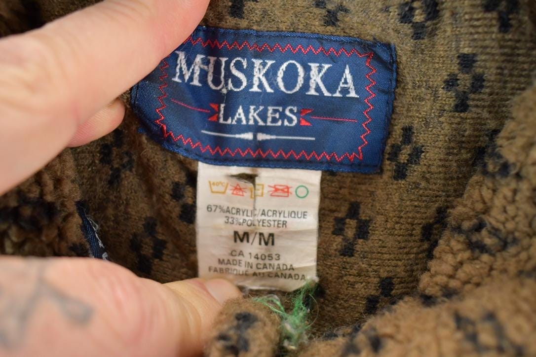 Vintage 1990s Muskoka Lakes All Over Print Abstract Pattern Button Up Fleece Sweater Mens L - Image 5