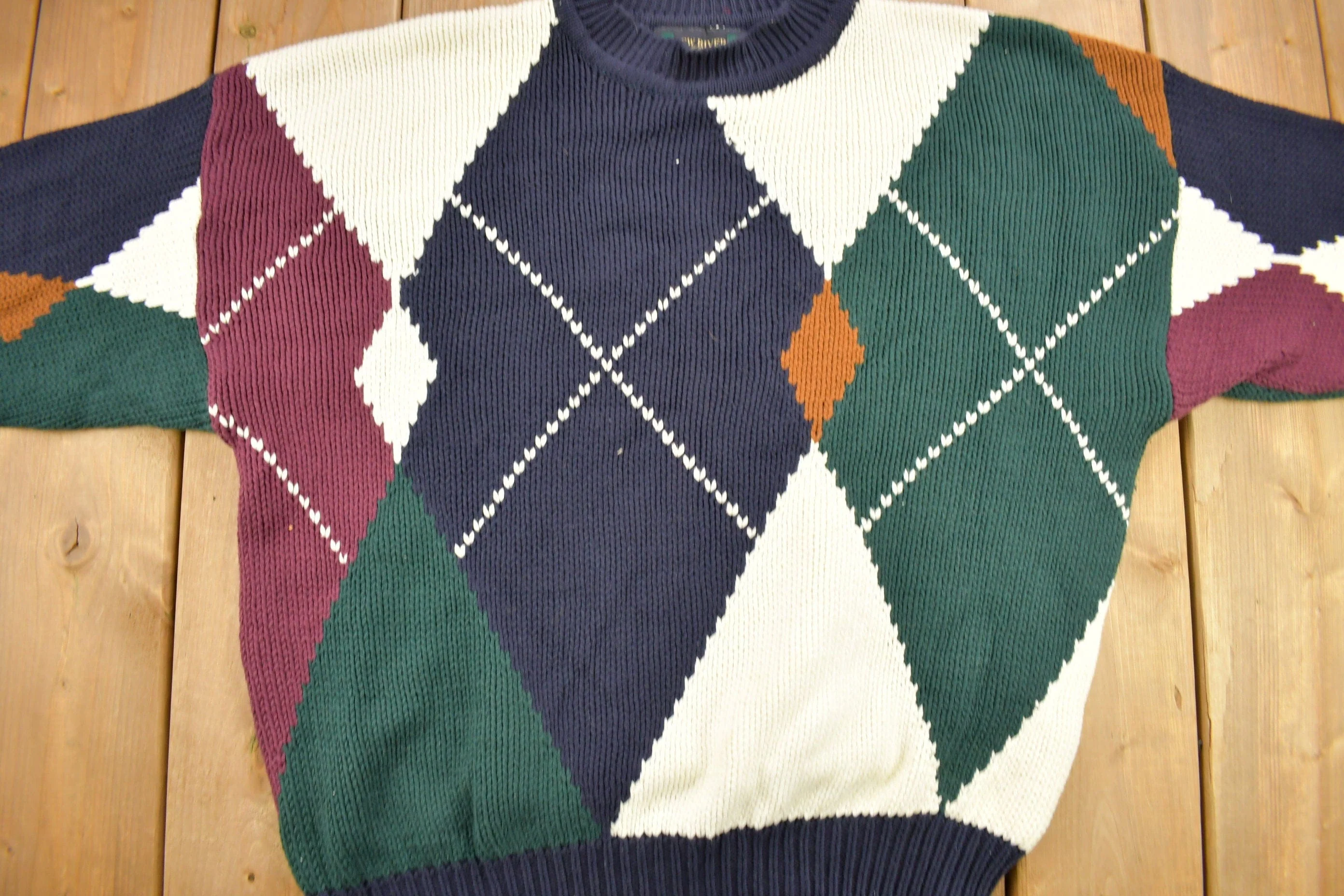 Vintage 1990s New River Argyle Knitted Crewneck Sweater Men's XL - Image 3