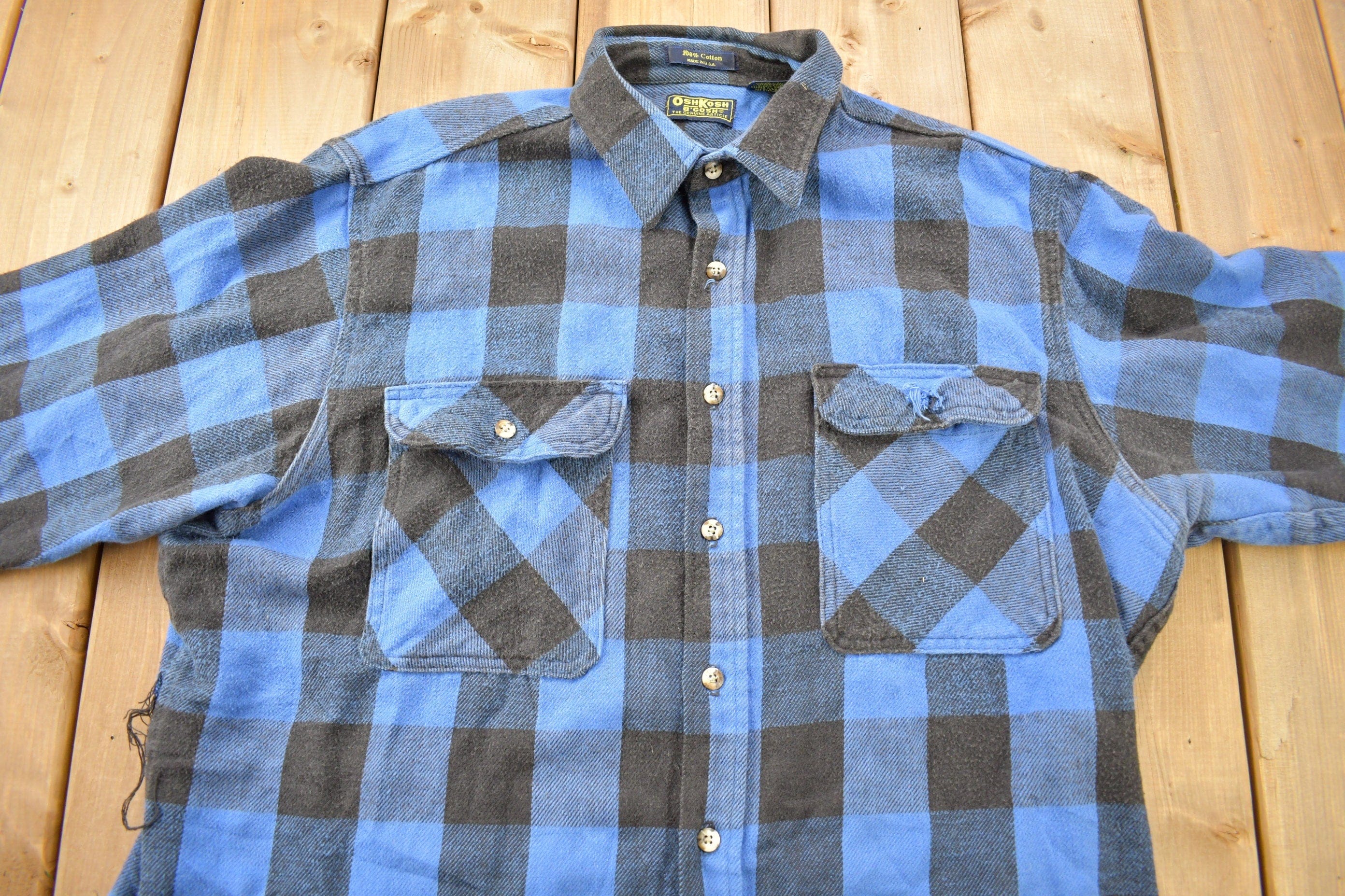 Vintage 1990s Osh Kosh B Gosh Blue Flannel Button Up Shirt Men's XL - Image 3