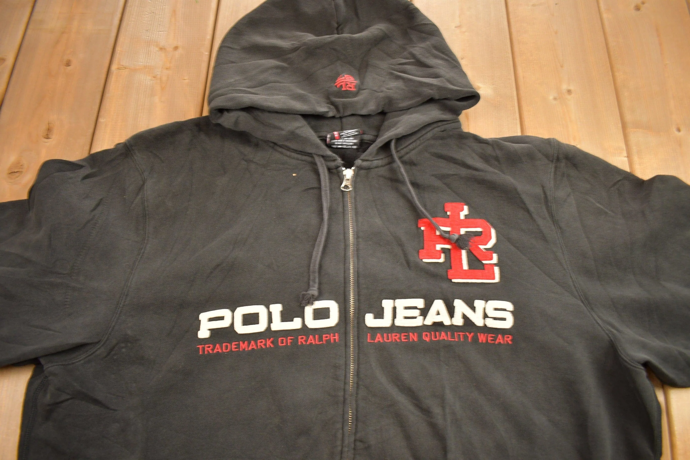 Vintage 1990s Polo Jeans Ralph Lauren Embroidered Full Zip Hoodie Men's 2XL - Image 3