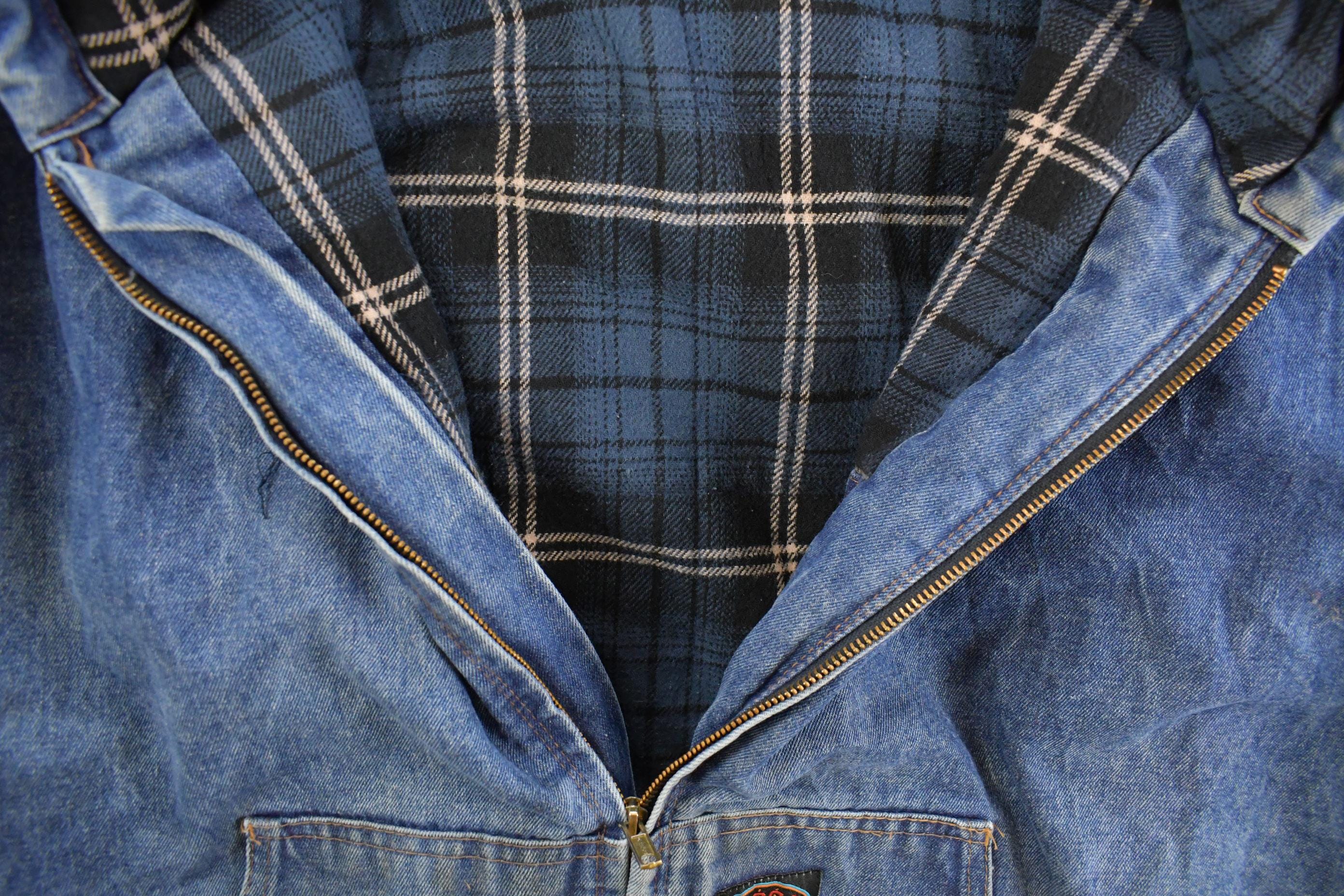 Vintage 1990s Rasco Denim Plaid Lined Fire Resistant Hooded Jacket Men's 2XL - Image 6