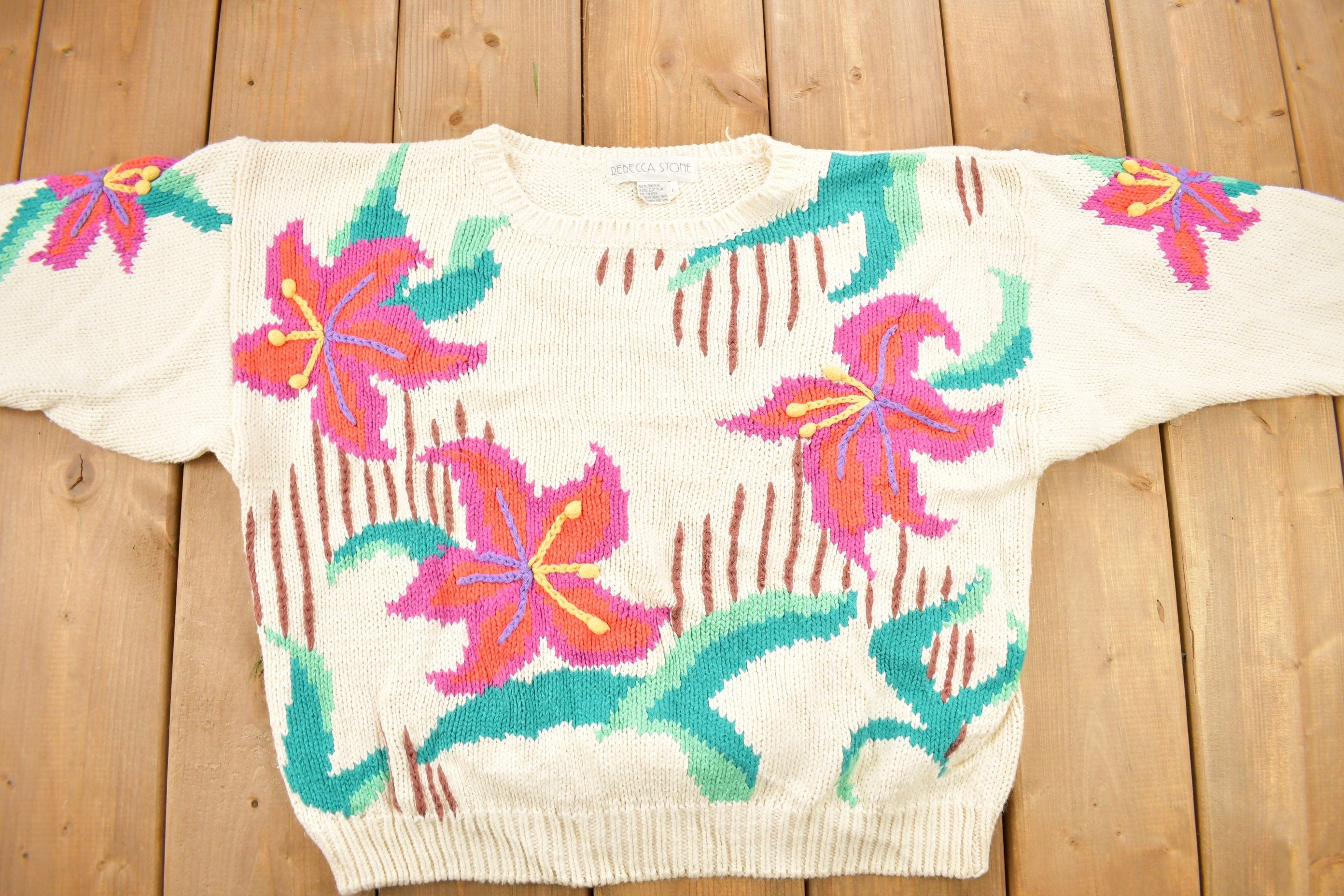 Vintage 1990s Rebecca Stone Floral Embroidered Knitted Sweater Women's M - Image 3