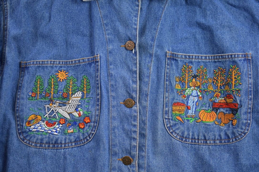 Vintage 1990s Seasons Embroidered Denim Chore Coat Men's Medium - Image 3